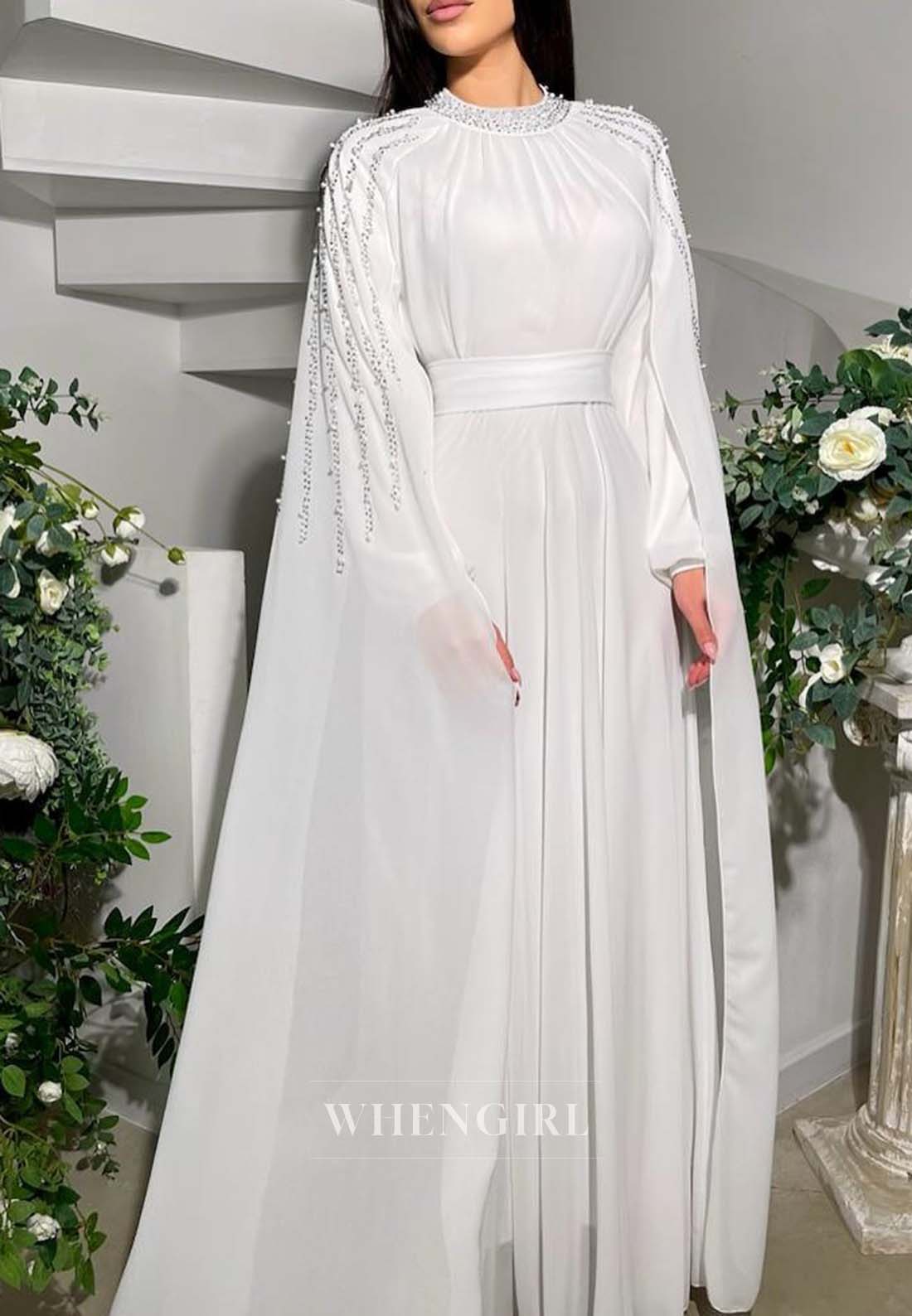 A-Line Bateau Neck Beaded Long Sleeves Formal Dress Pleated Chiffon Floor Length Evening Gown