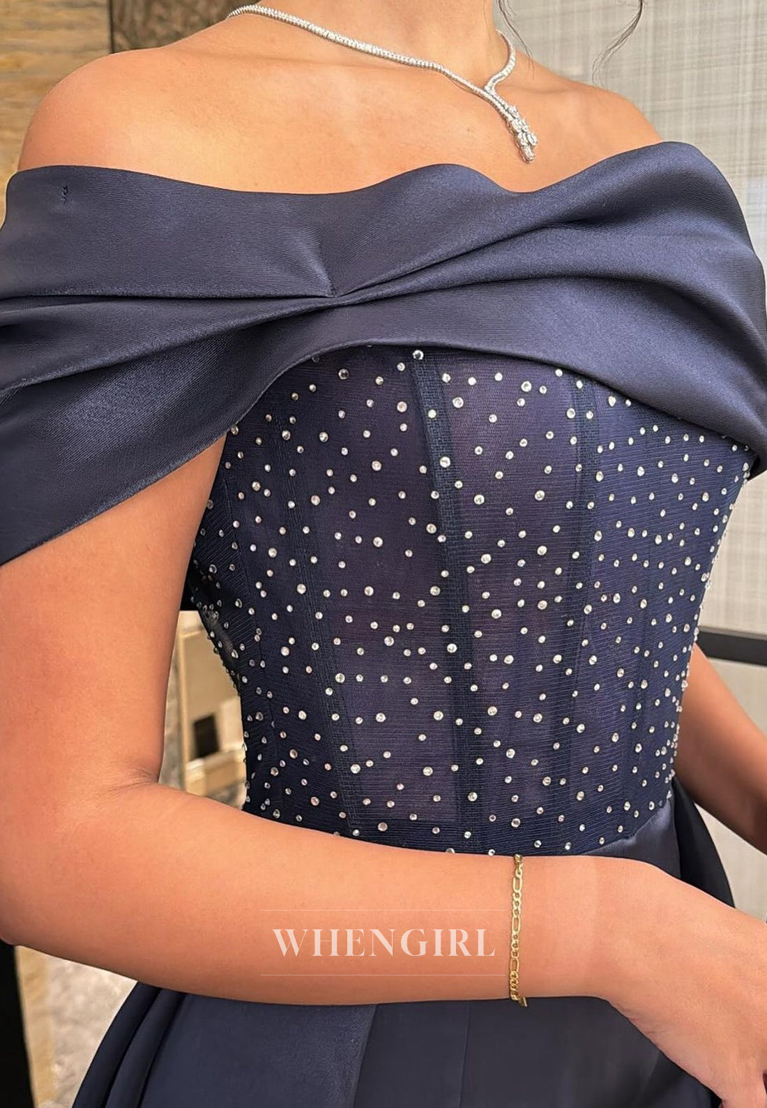 Navy A-Line Straoless Sleeveless Beaded Satin Formal Evening Dress With Court Train