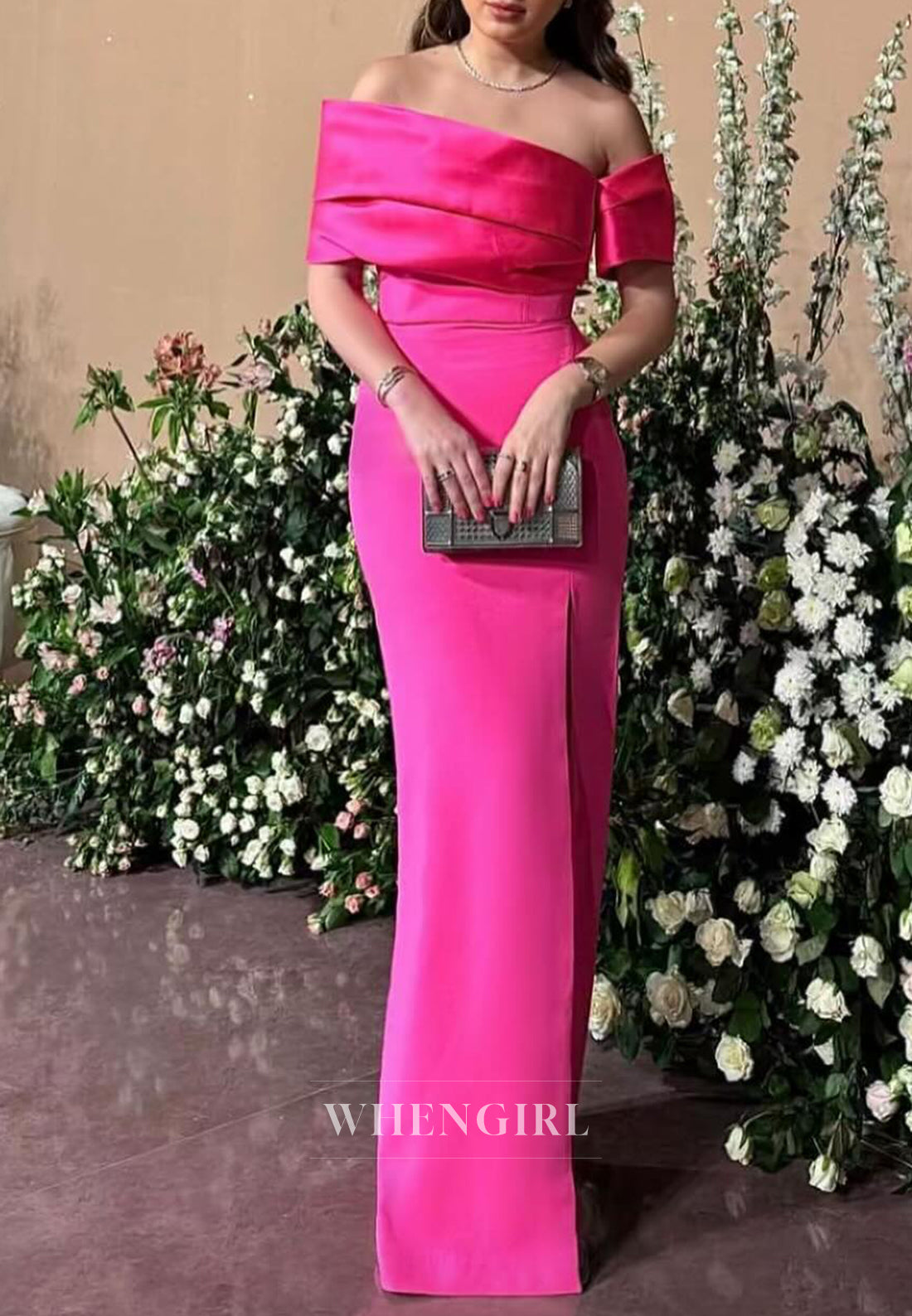 Rose Red Asymmertrical Neck Strapless Sheath Evening Dress Side Slit Pleated Sleeveless Formal Dress