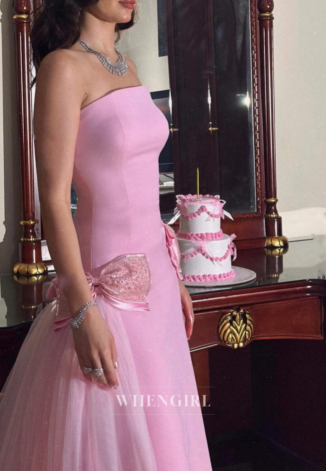 Candy Pink Sheath Strapless Off Shoulder Sweet Court Train Evening Formal Dress with Bowknot
