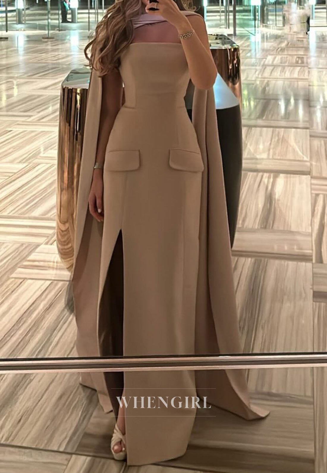 Taupe Sheath Off Shoulder Formal Gown Strapless Side Slit Evening Dress with Pockets
