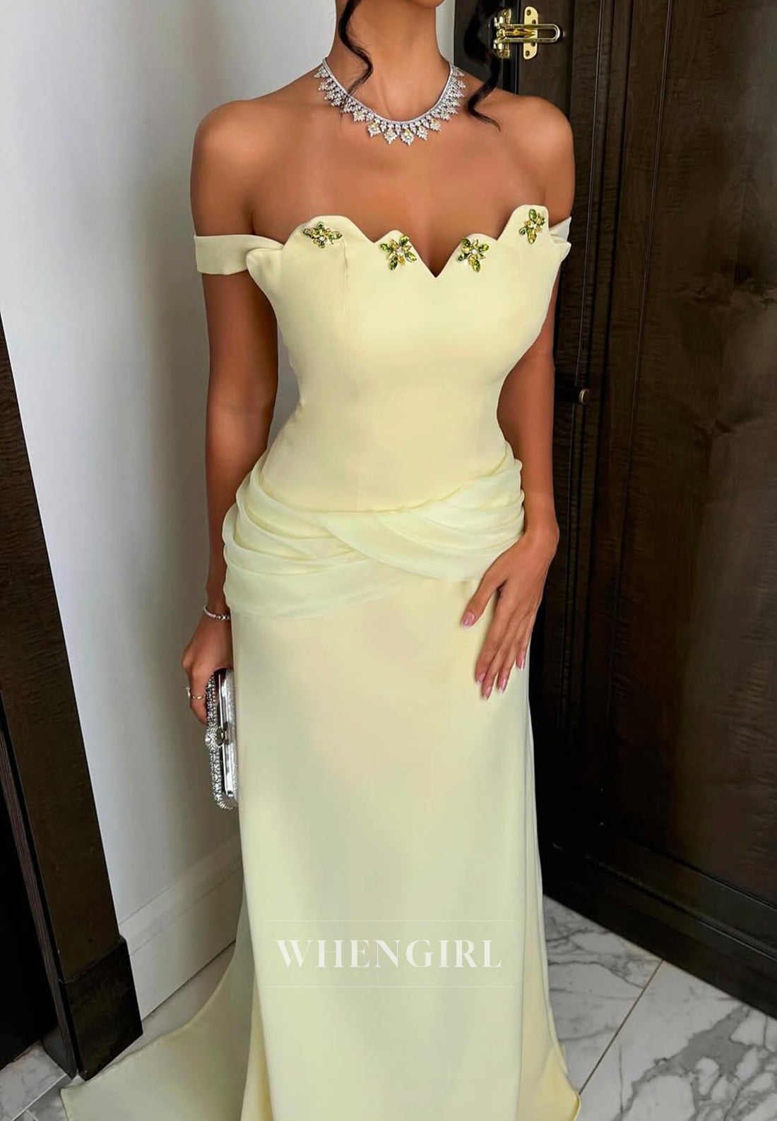 Sleeveless Off Shoulder Beaded Pleated Formal Evening Dress with Train