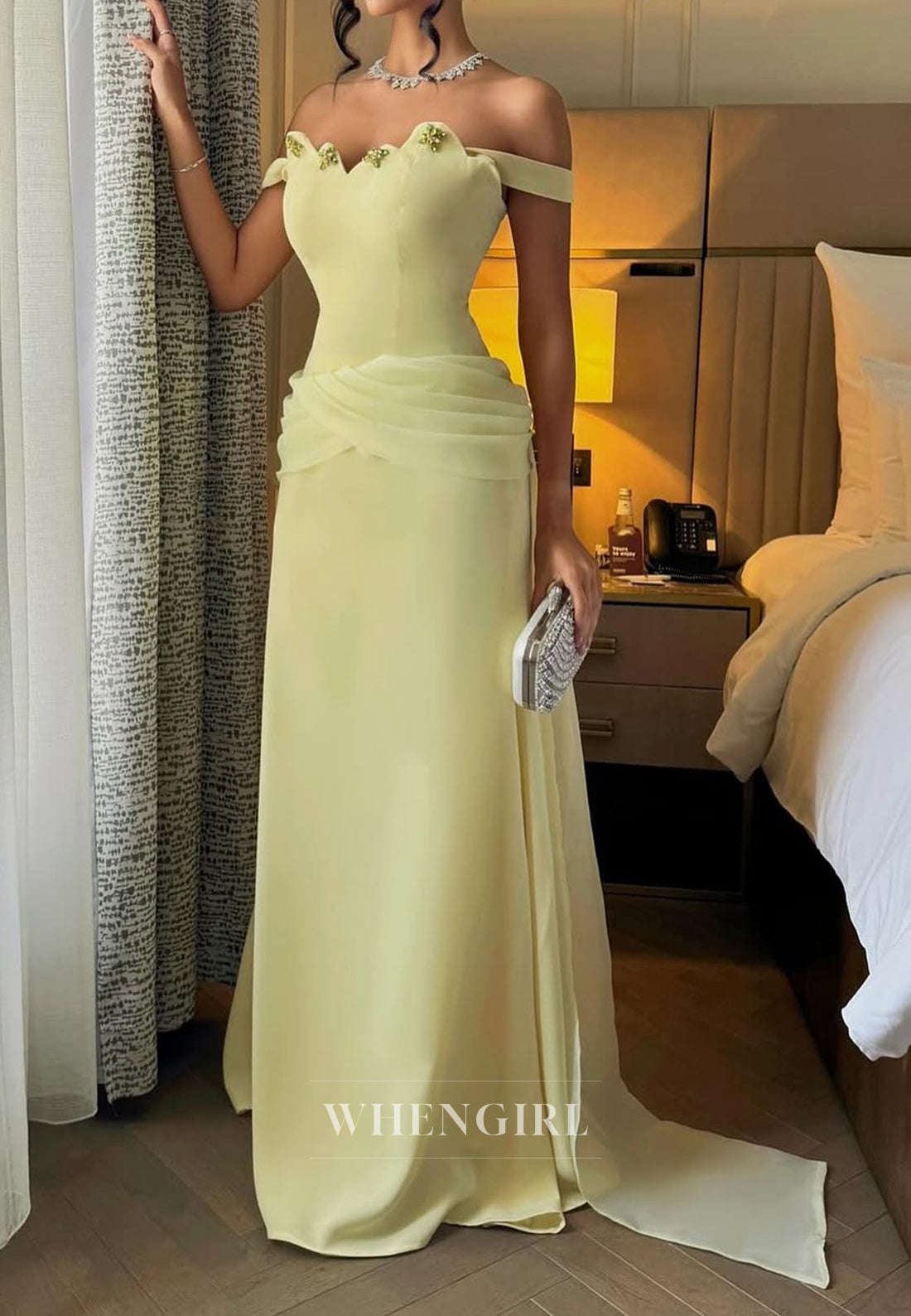 Sleeveless Off Shoulder Beaded Pleated Formal Evening Dress with Train