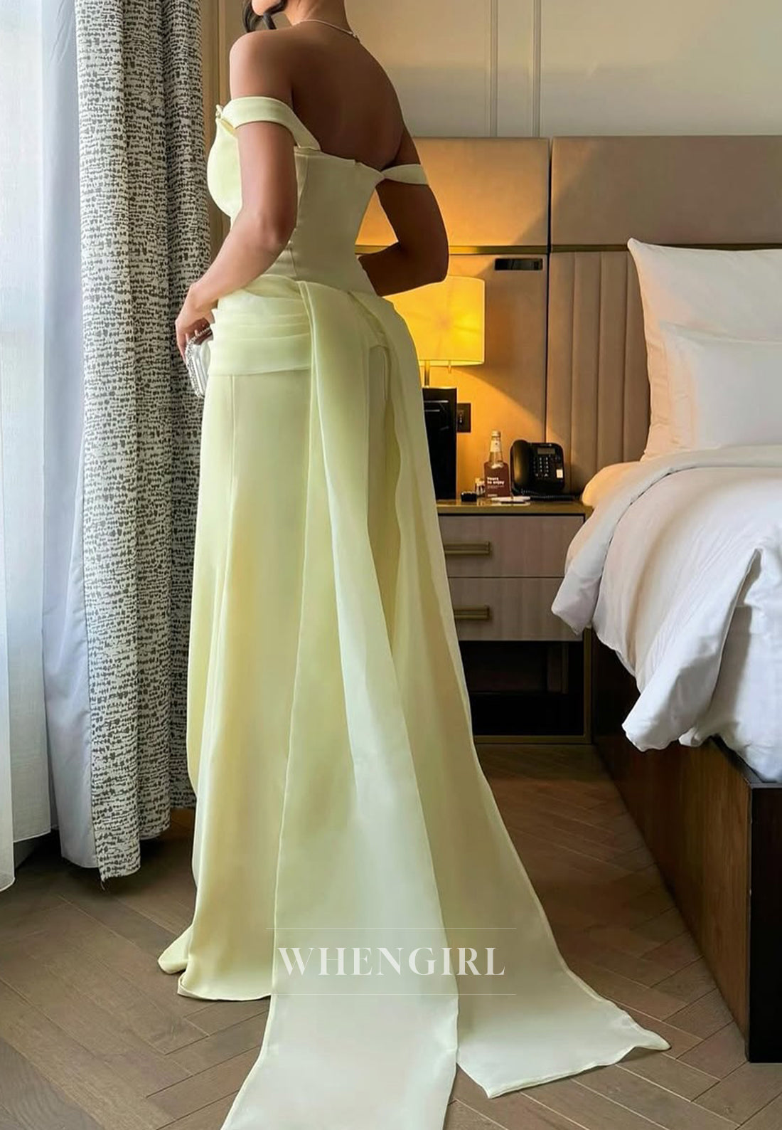 Sleeveless Off Shoulder Beaded Pleated Formal Evening Dress with Train