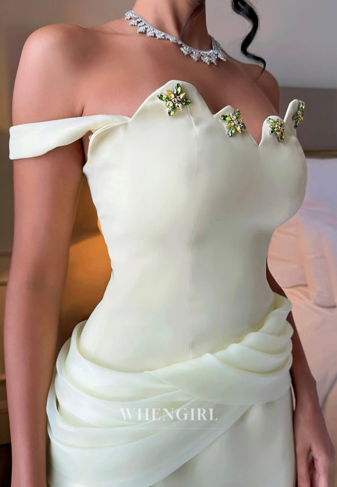 Sleeveless Off Shoulder Beaded Pleated Formal Evening Dress with Train