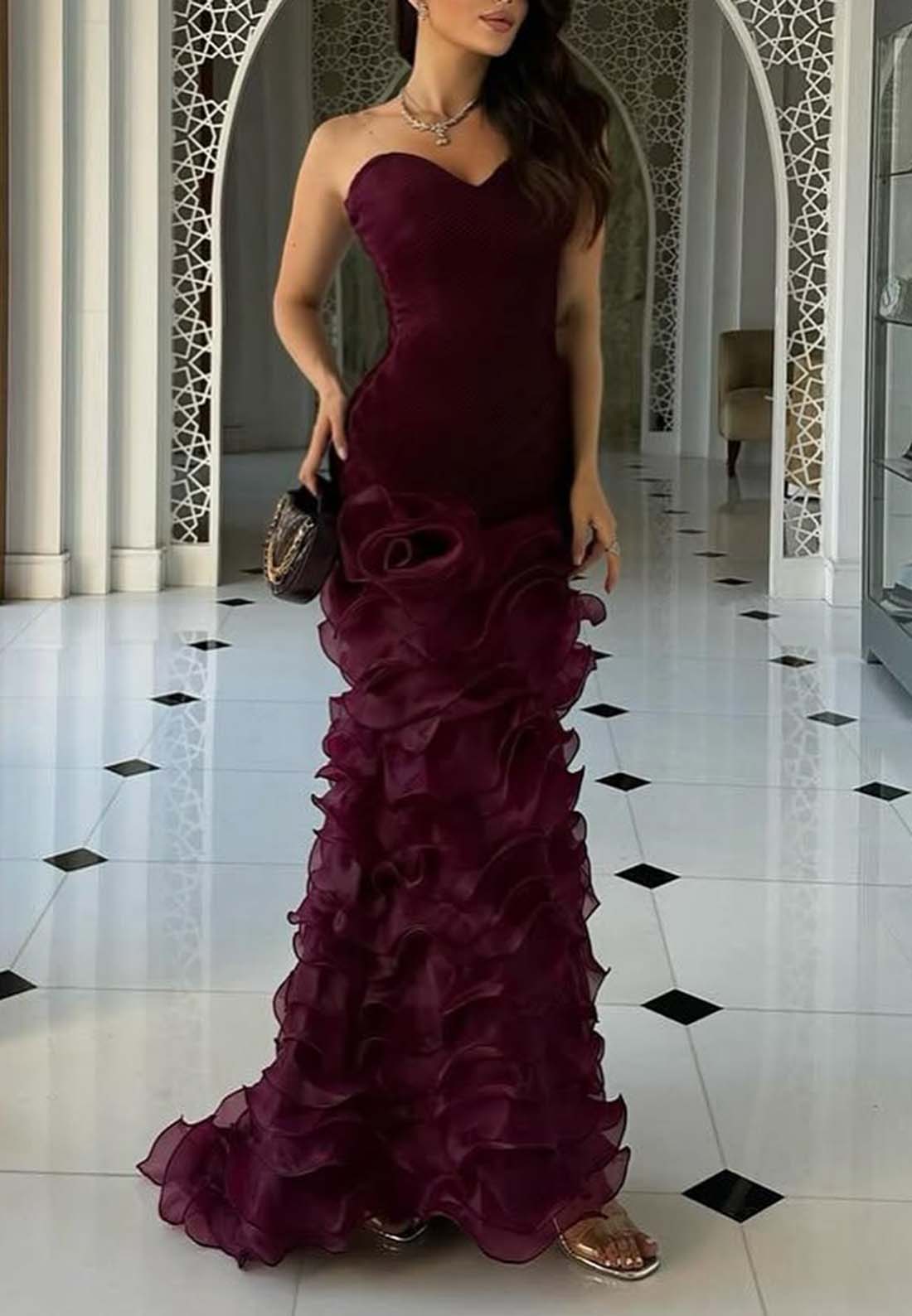 Sweetheart Raspberry Formal Dress Sleeveless Multi Tiered Sheath Long Evening Gown