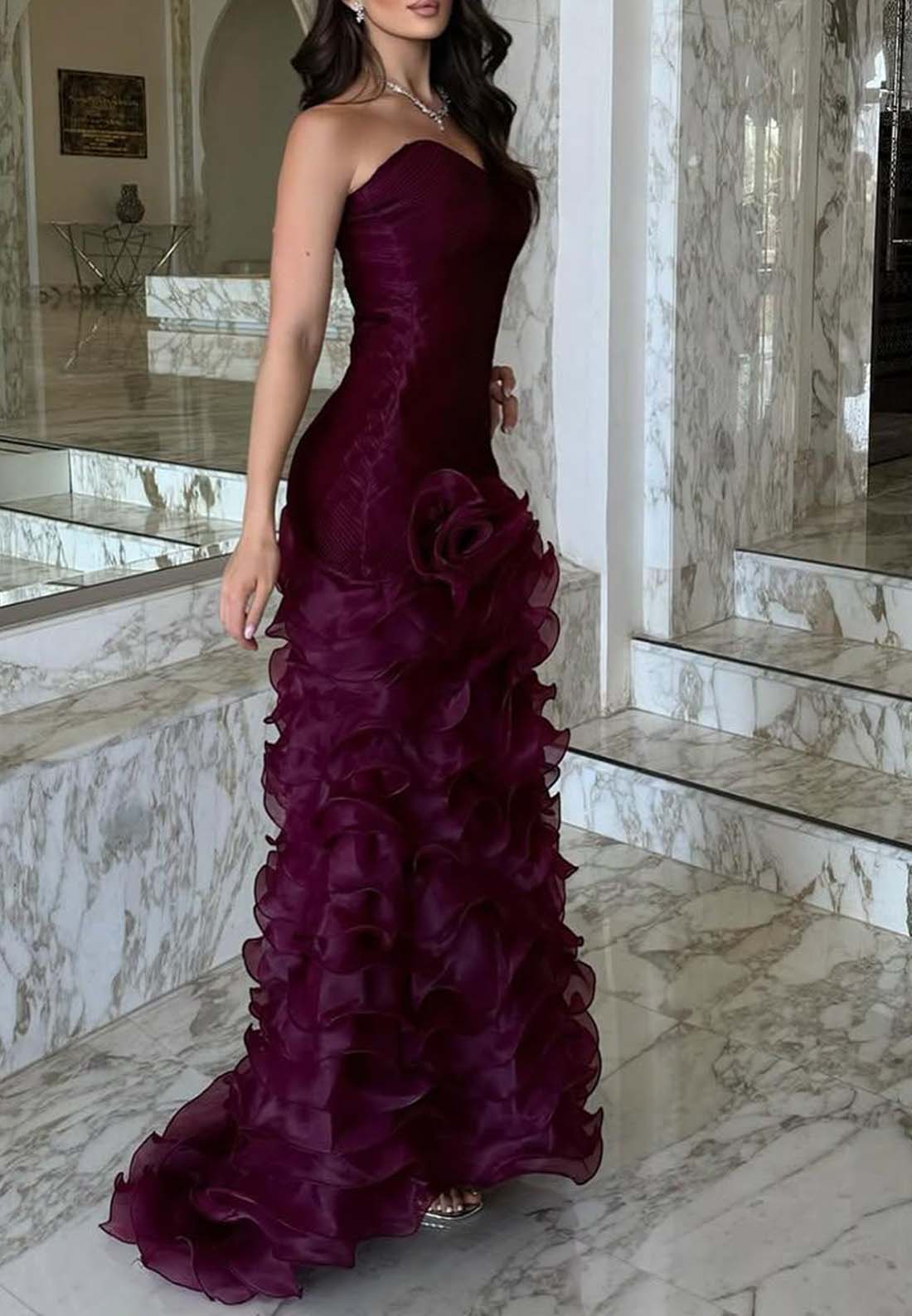 Sweetheart Raspberry Formal Dress Sleeveless Multi Tiered Sheath Long Evening Gown