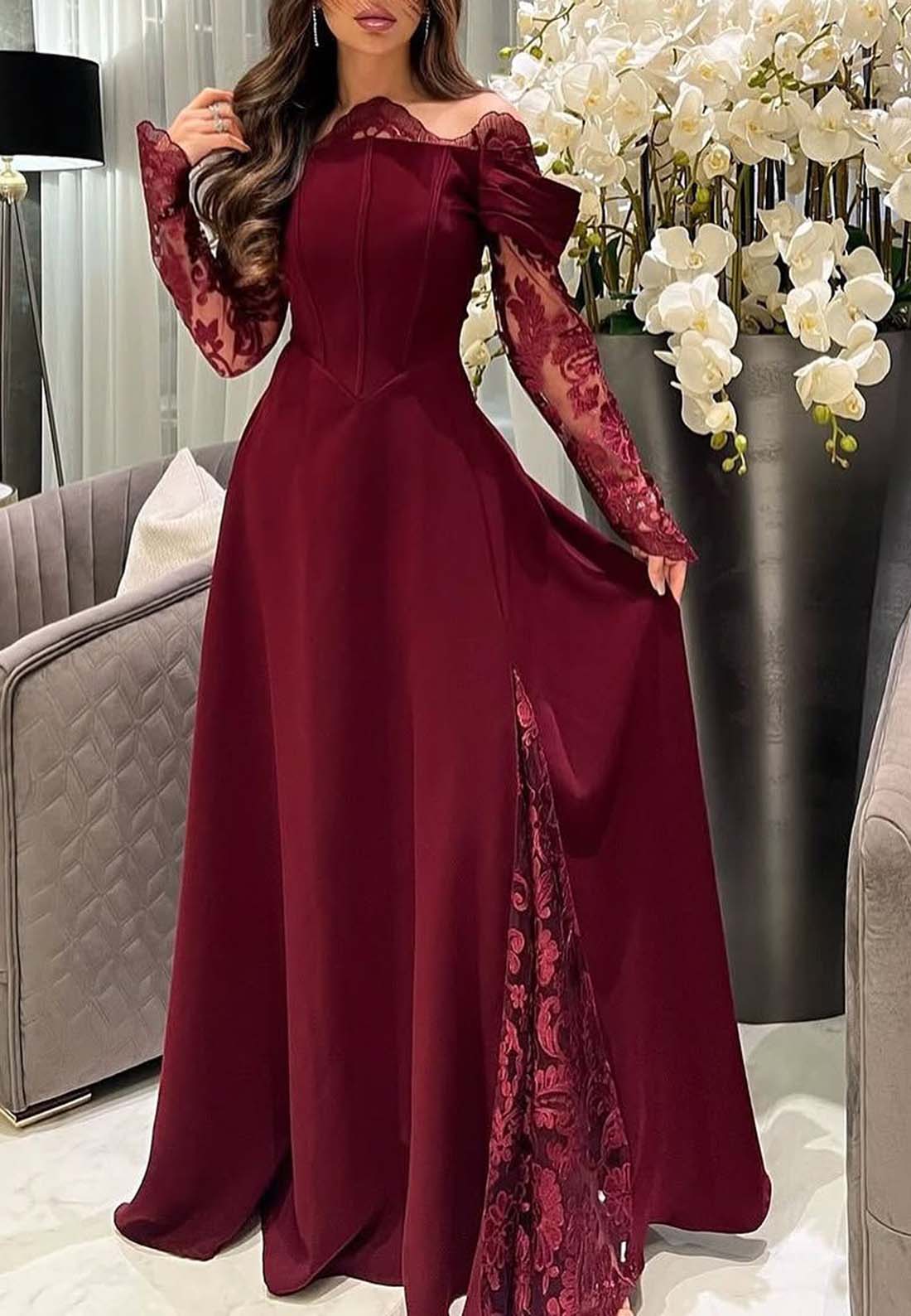 Burgundy Asymmetrical Neck Lace Long Sleeves Formal Dress A-Line Floor Length Evening Gown