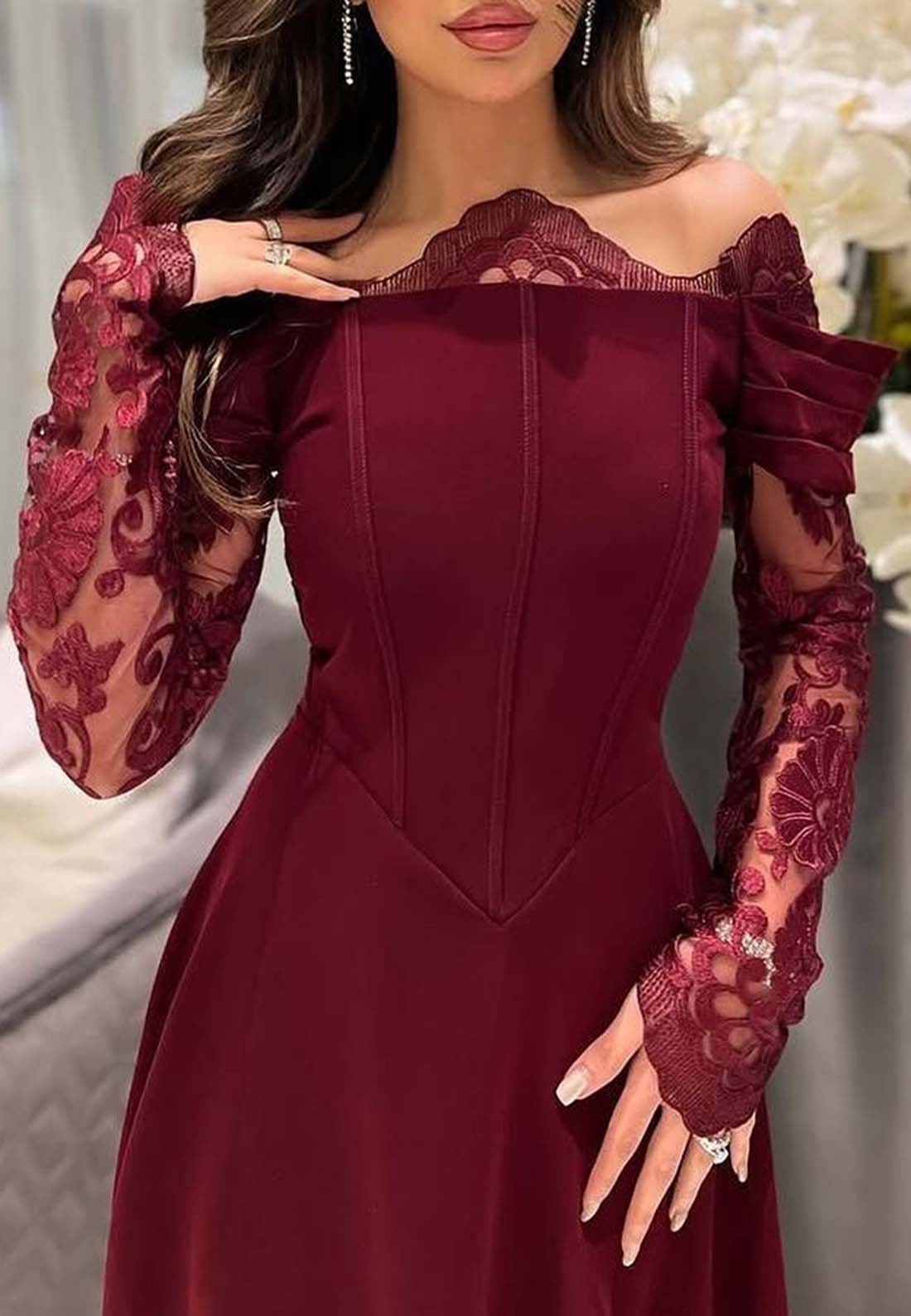 Burgundy Asymmetrical Neck Lace Long Sleeves Formal Dress A-Line Floor Length Evening Gown