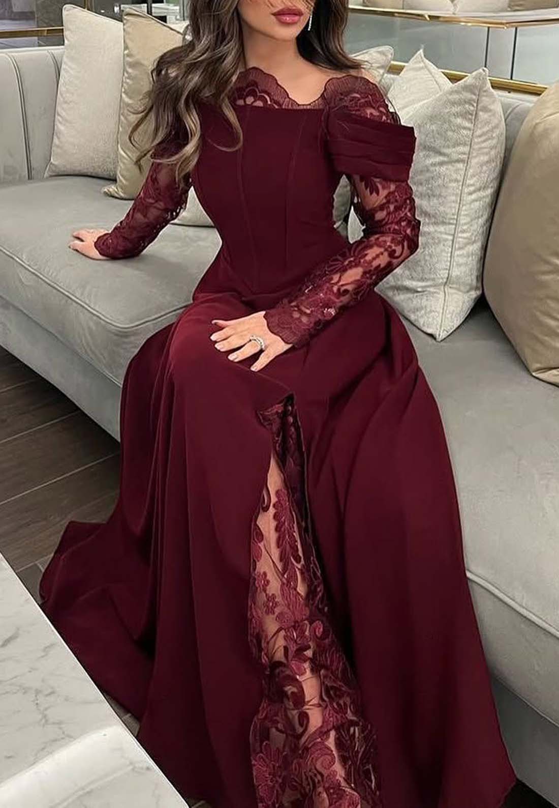 Burgundy Asymmetrical Neck Lace Long Sleeves Formal Dress A-Line Floor Length Evening Gown