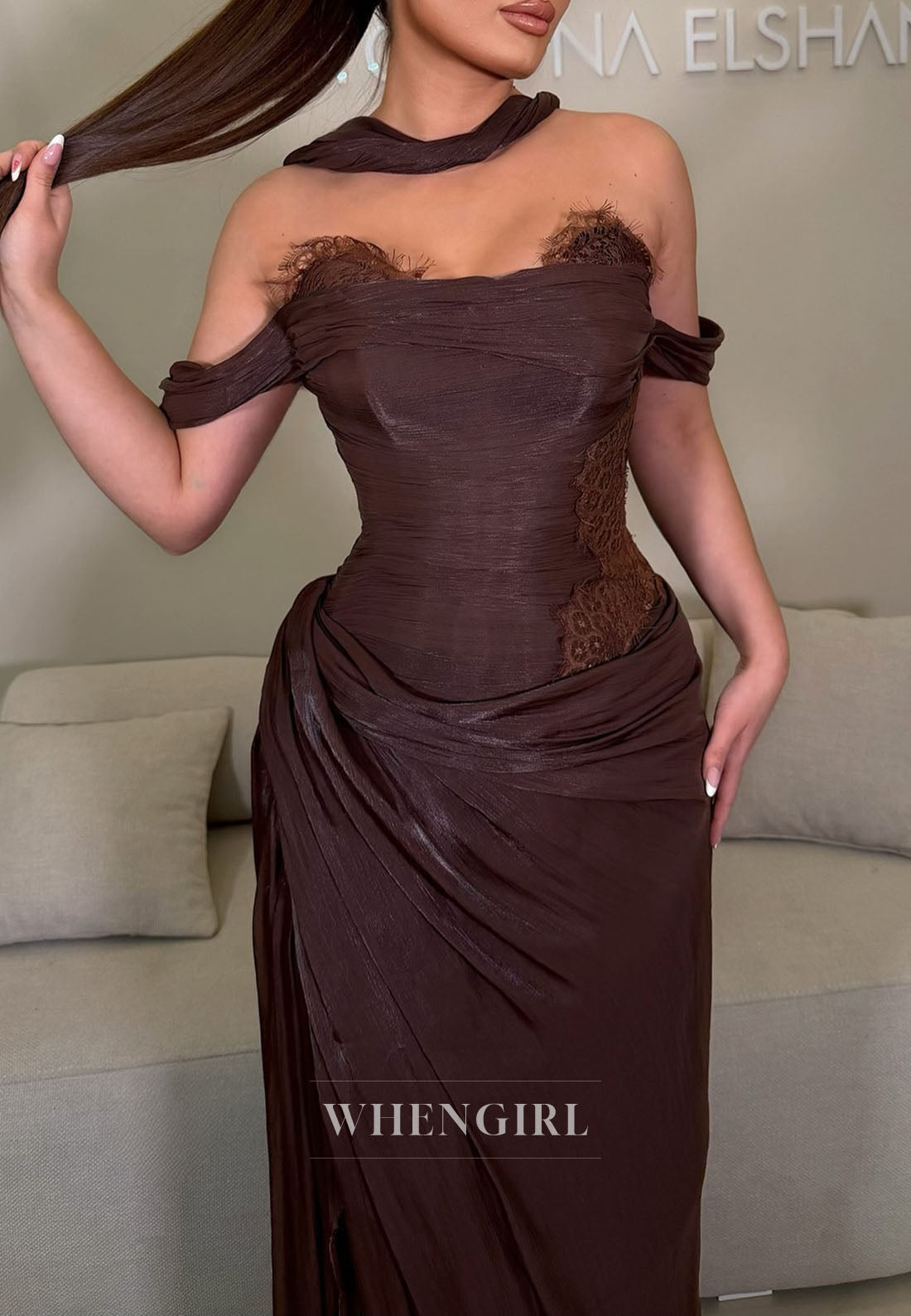Chocolate Off Shoulder Sleeveless Ruched Sheath Evening Formal Gown