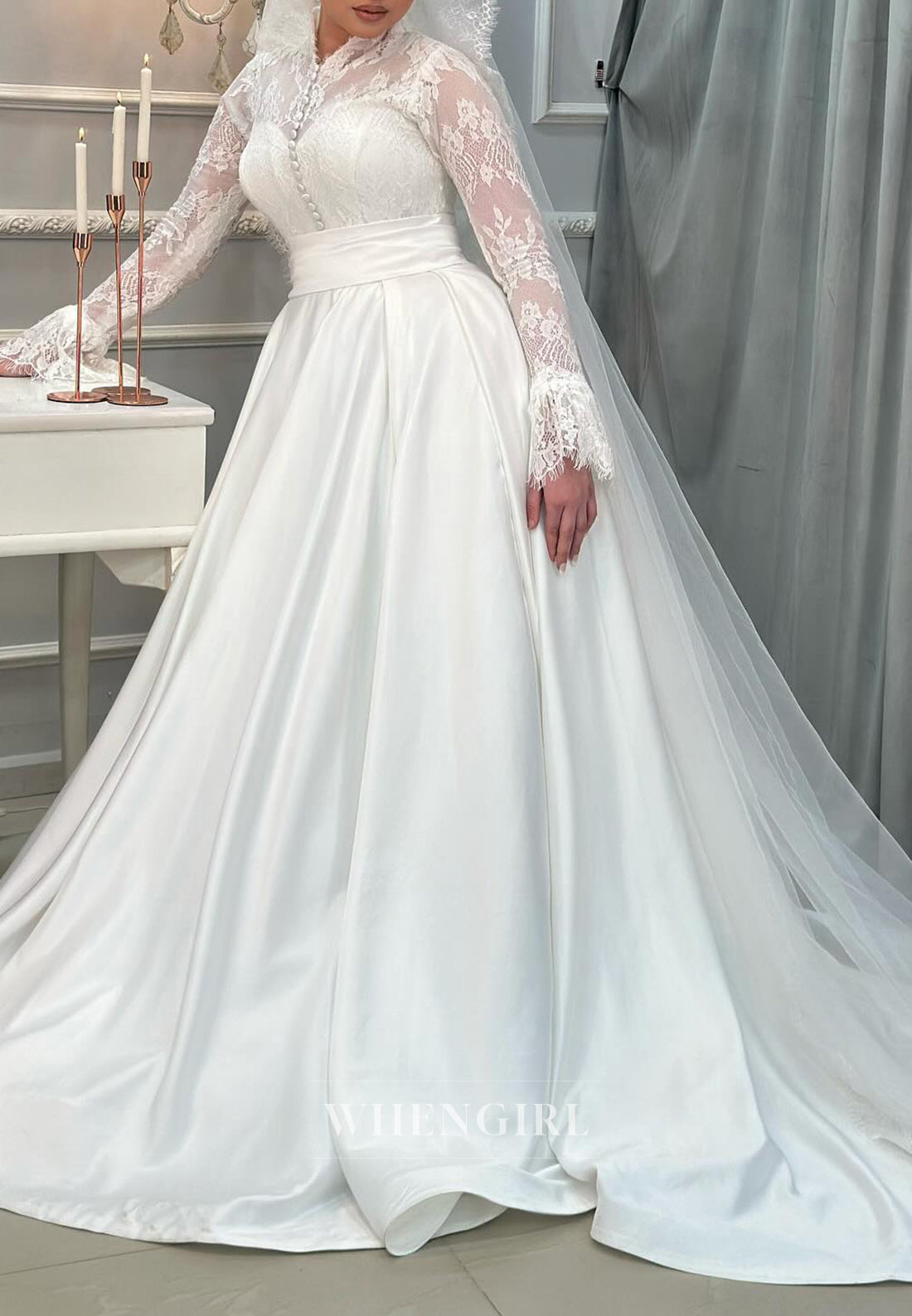 A Line High Neck Lace Long Sleeves Wedding Dresses with Court Train