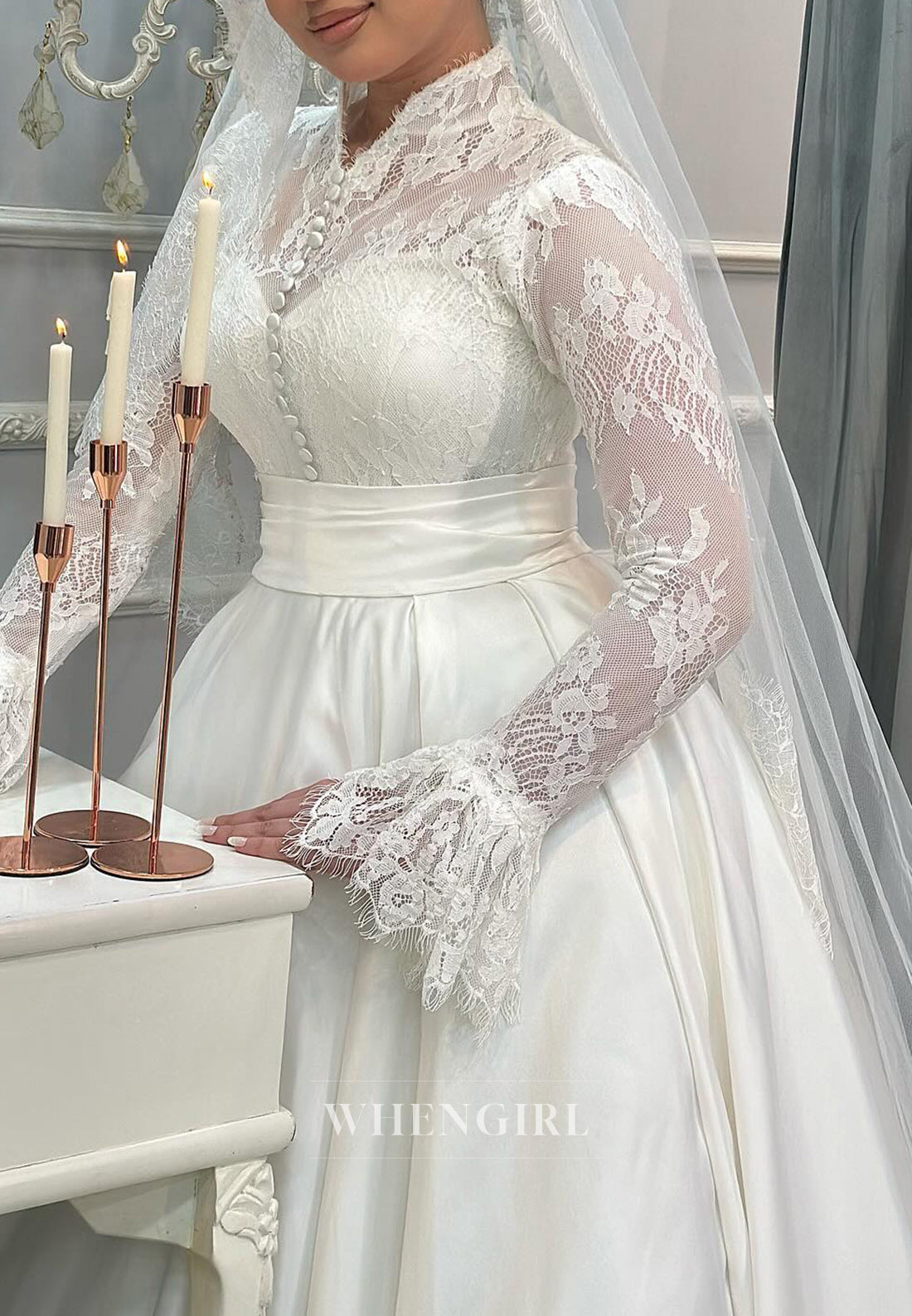 A Line High Neck Lace Long Sleeves Wedding Dresses with Court Train