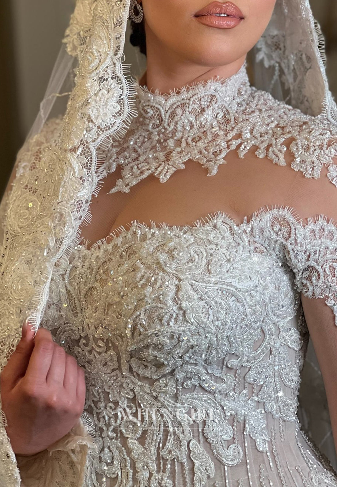 Mermaid High Neck Long Sleeves Beaded Lace Back Zippper Wedding Dress with Court Train