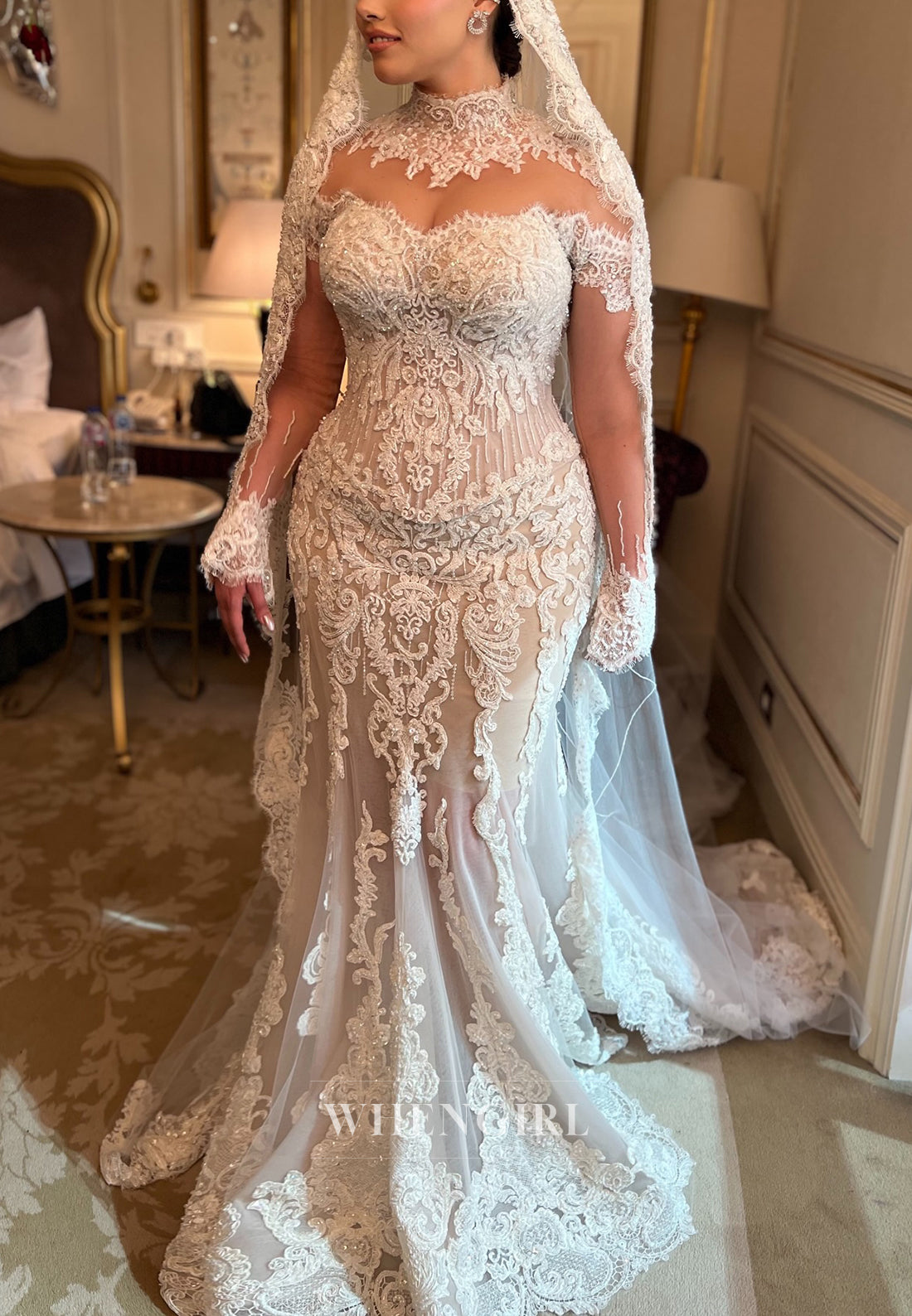 Mermaid High Neck Long Sleeves Beaded Lace Back Zippper Wedding Dress with Court Train
