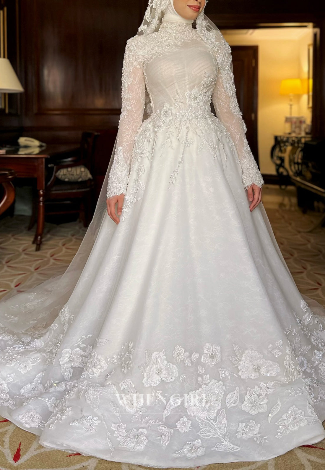 High Neck Long Sleeves Appliqued Lace Ball Gown Sweep Train Wedding Dress