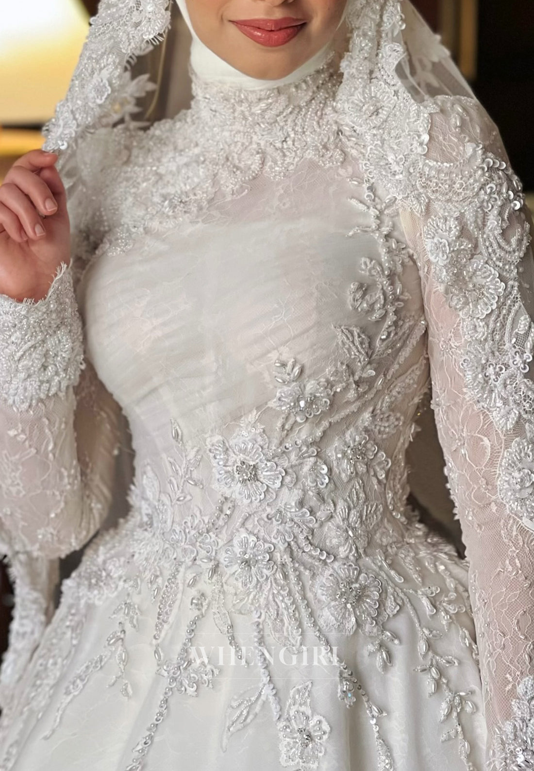 High Neck Long Sleeves Appliqued Lace Ball Gown Sweep Train Wedding Dress