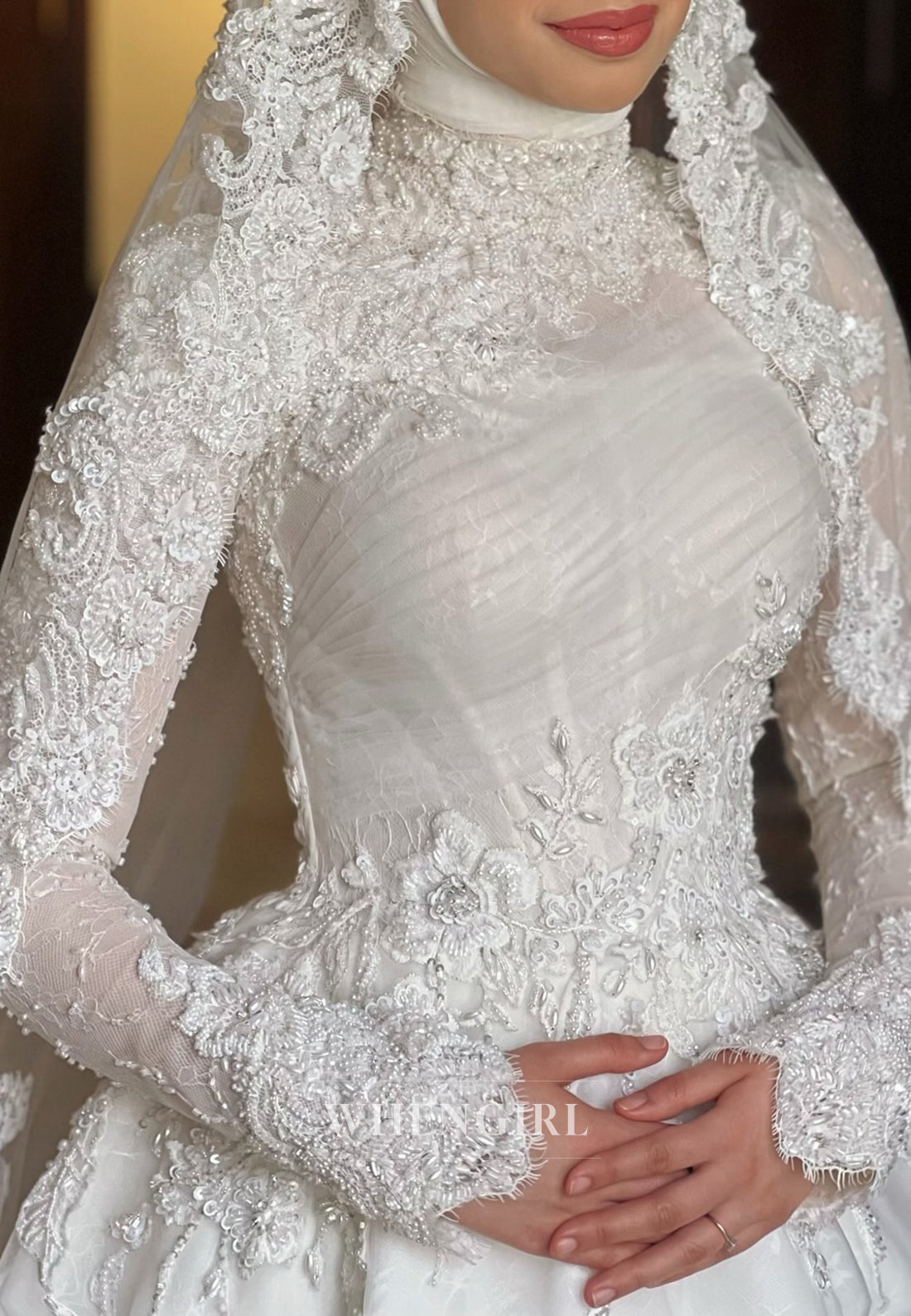 High Neck Long Sleeves Appliqued Lace Ball Gown Sweep Train Wedding Dress