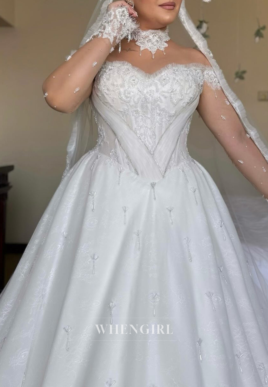 Sweetheart Long Sleeves Beaded Lace A-Line Long Wedding Dress