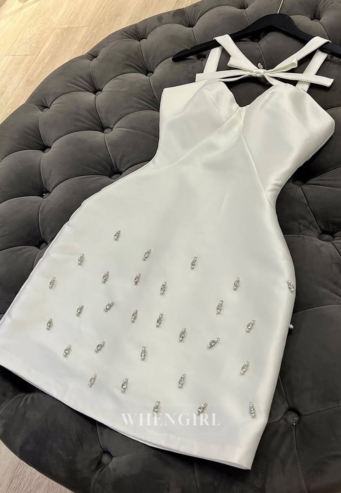 Ivory Sheath Cross Neck Bowknot Beaded Satin Short Homecoming Dress