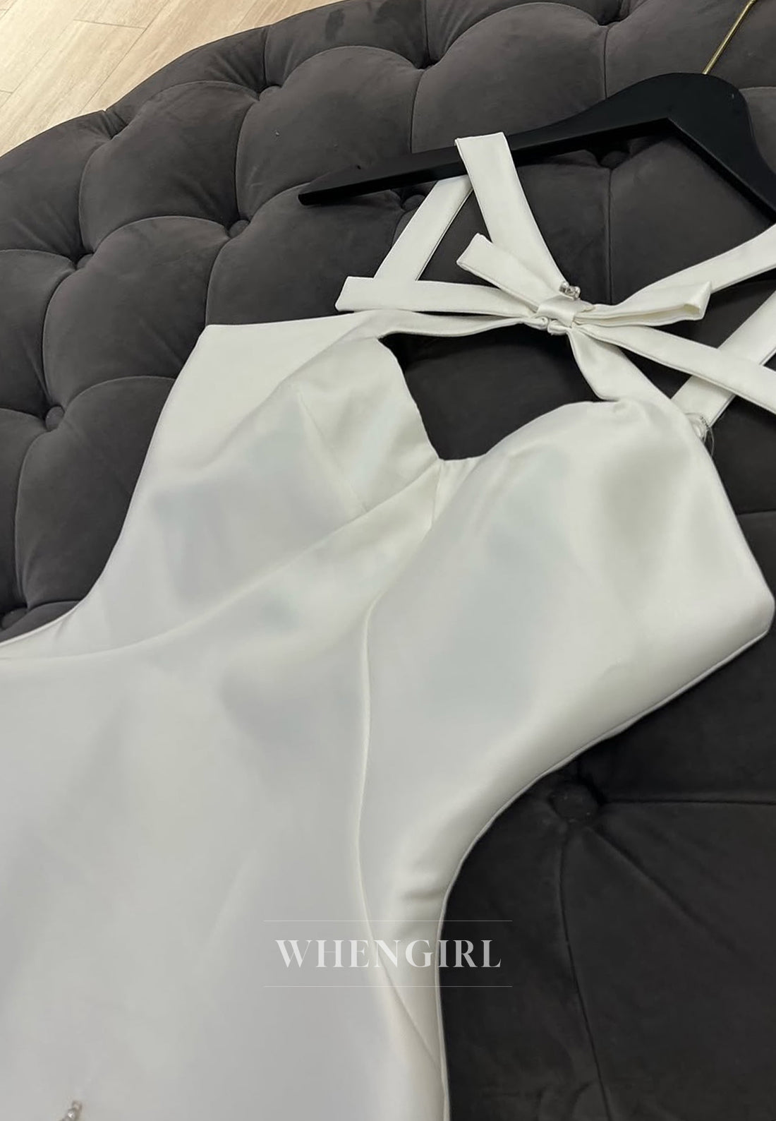 Ivory Sheath Cross Neck Bowknot Beaded Satin Short Homecoming Dress
