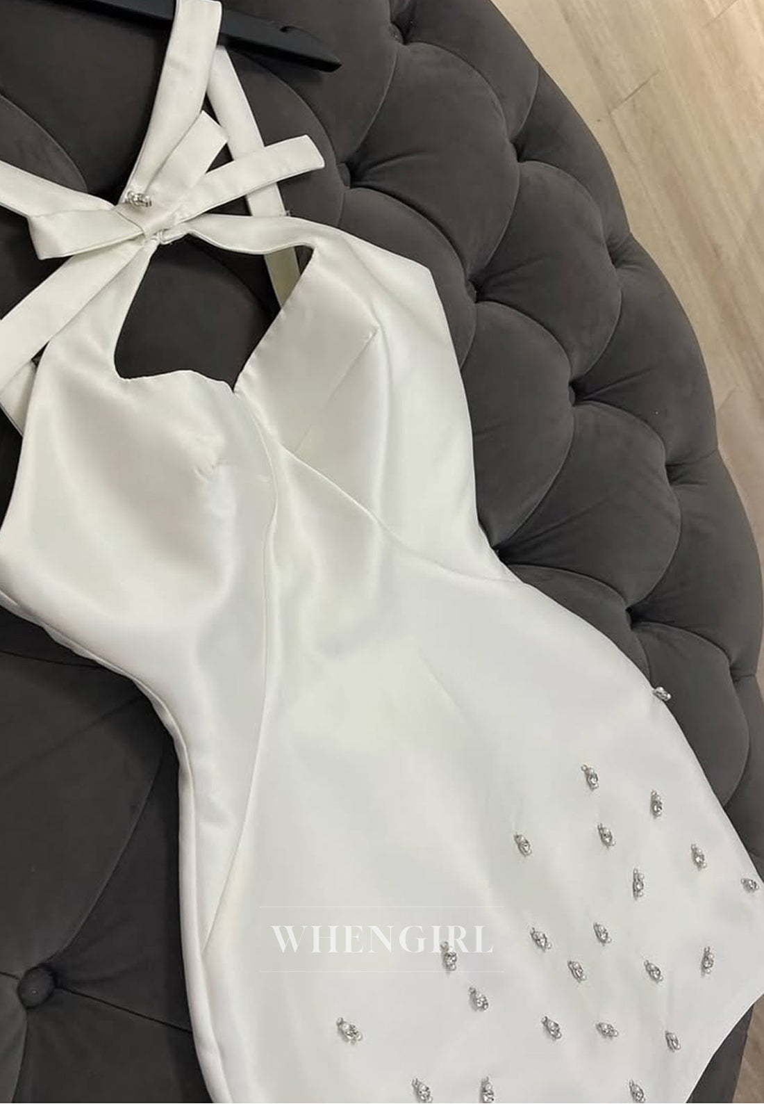 Ivory Sheath Cross Neck Bowknot Beaded Satin Short Homecoming Dress