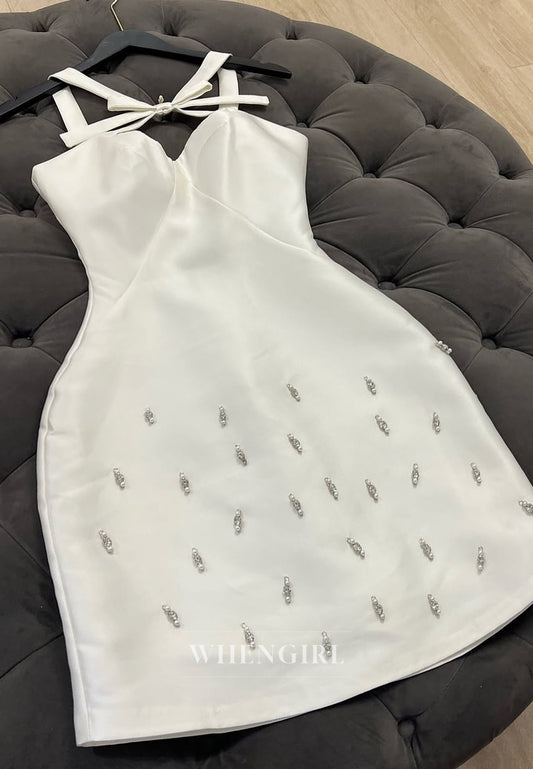 Ivory Sheath Cross Neck Bowknot Beaded Satin Short Homecoming Dress