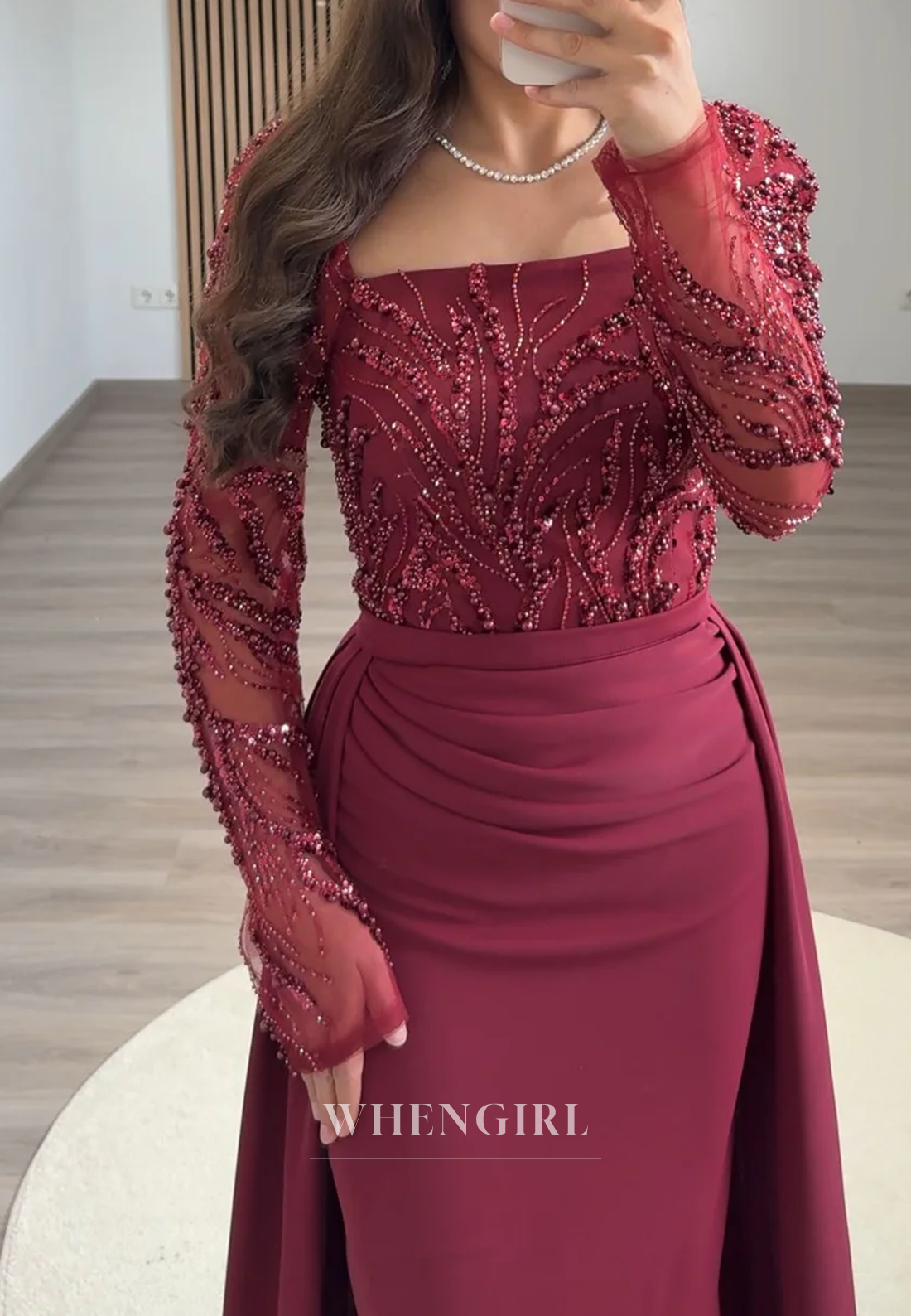 Burgundy Square Neck Long Sleeves Beaded Pleats Column Formal Party Dress with Removable Train