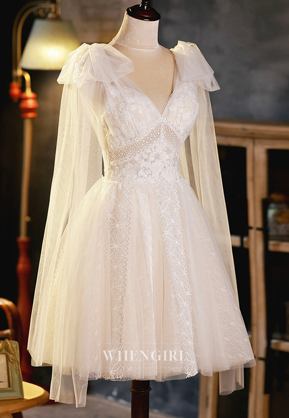 Ball Gown V Neck Lace Bowknot Boho Short Wedding Dress