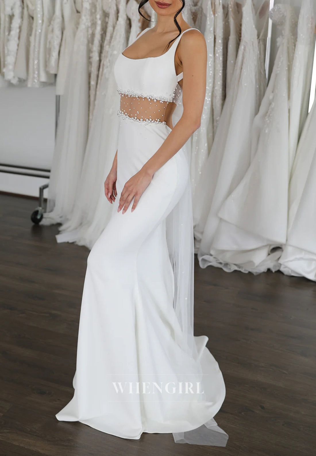 Square Neck Sleeveless Pearls Beading Tie Back Mermaid Wedding Dress