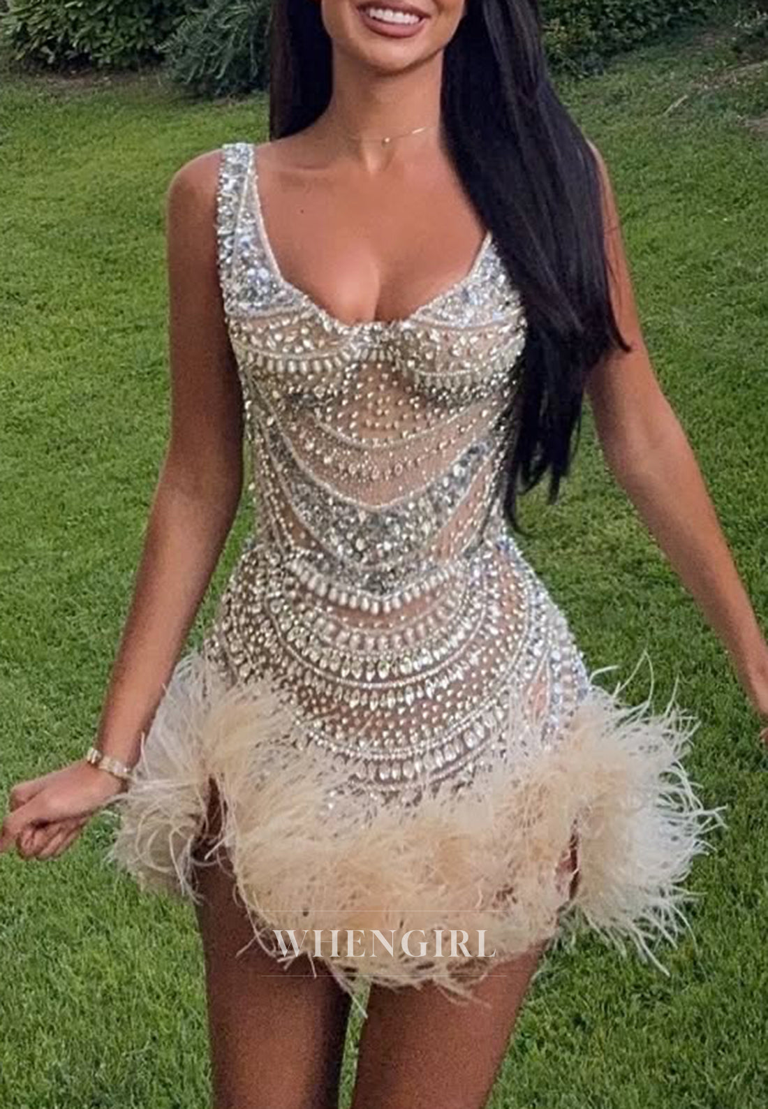 Sheath Beaded Feather Side Slit Sleeveless Scoop Neck Homecoming Dress
