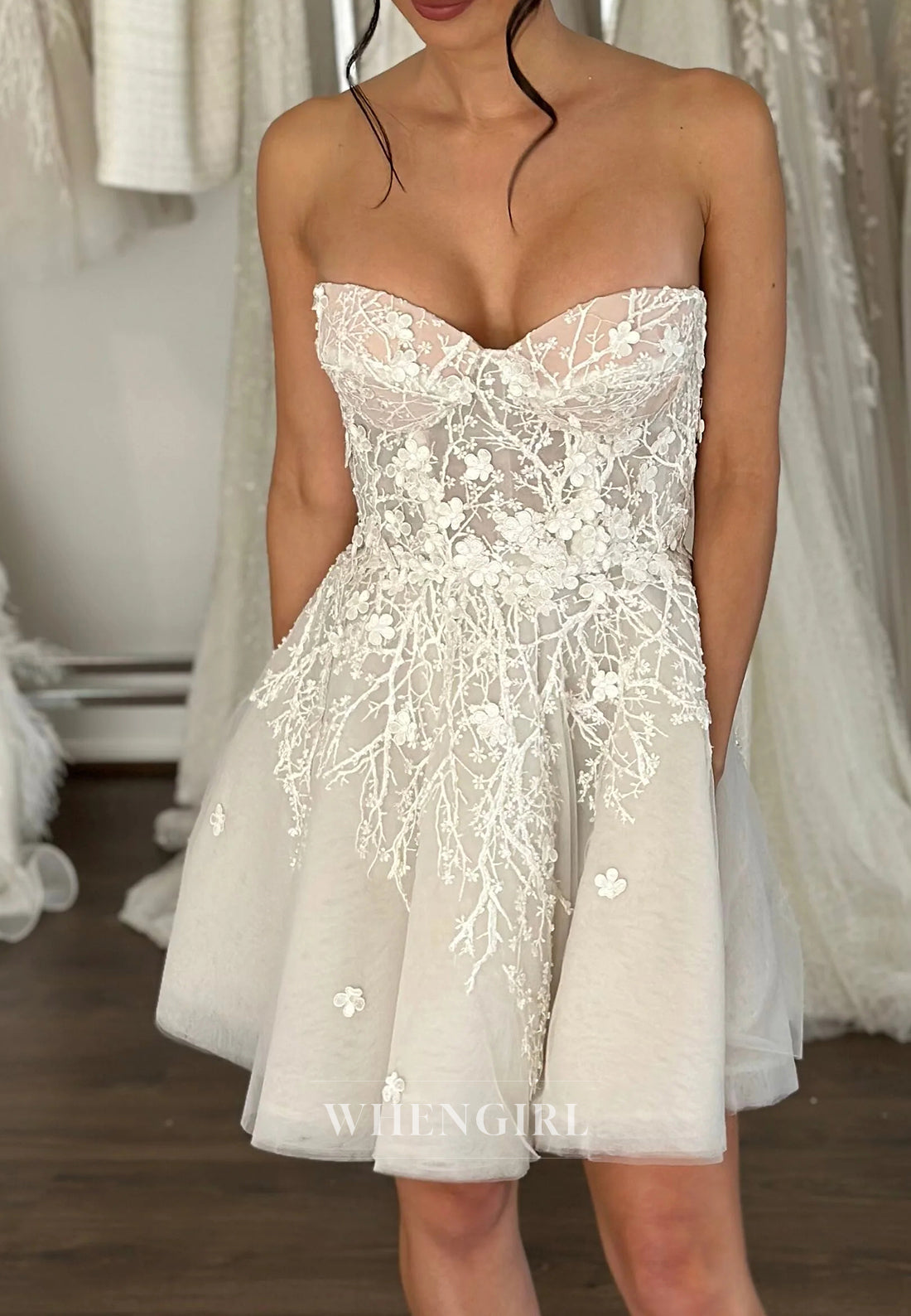 Sweetheart Vine Floral Tulle Sleeveless A-Line Back Zipper Short Wedding Dress
