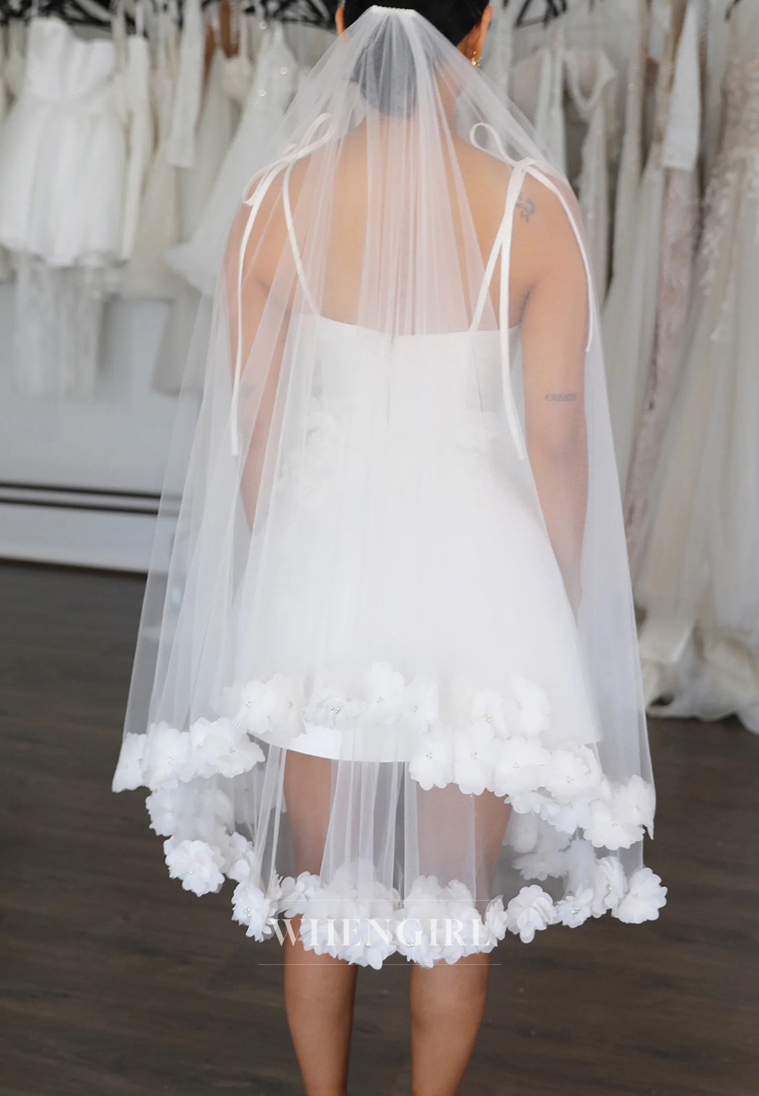 Sheath Satin Bowknot Straps Sleeveless V Neck Floral Short Wedding Dress with Viel