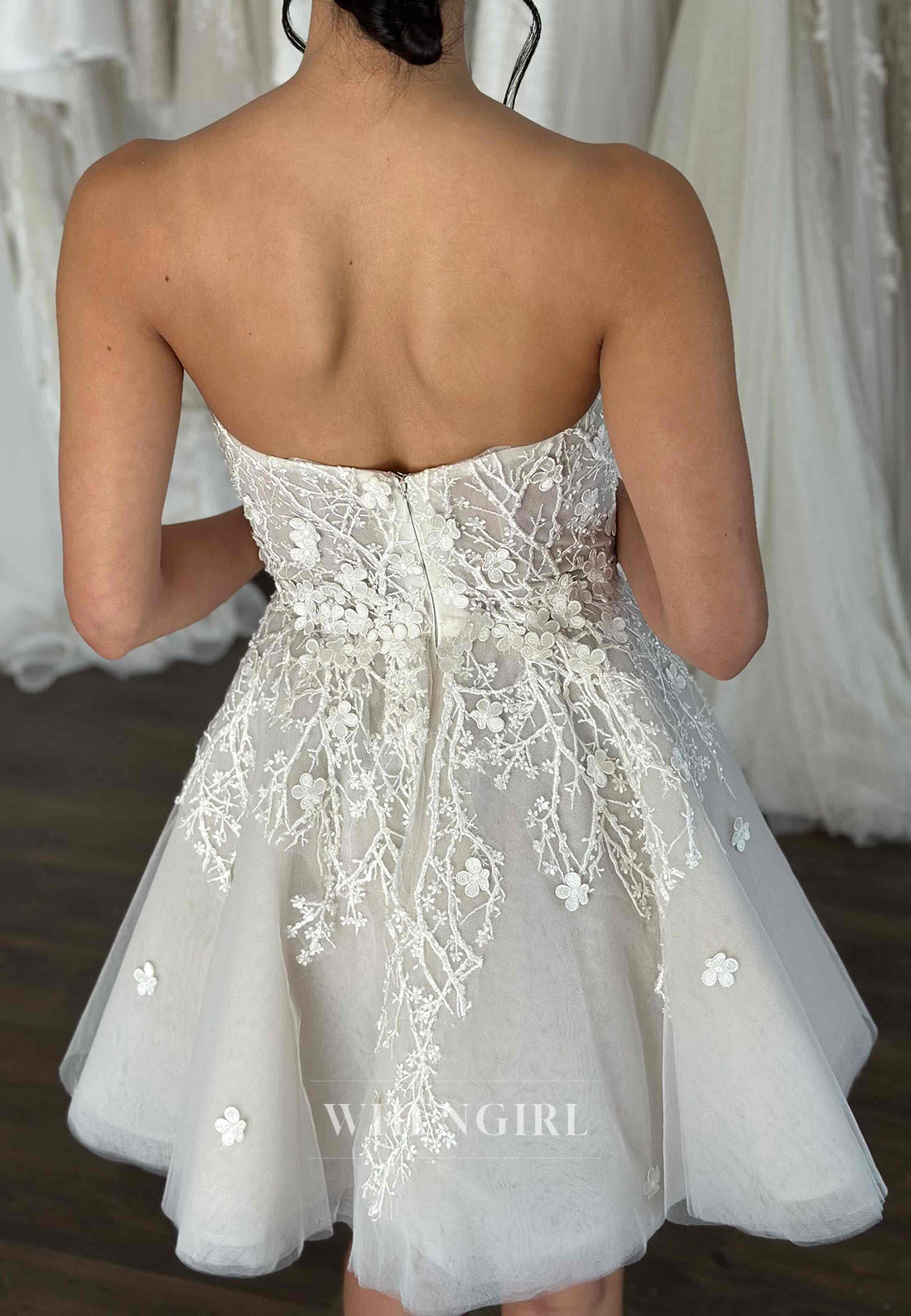 Sweetheart Vine Floral Tulle Sleeveless A-Line Back Zipper Short Wedding Dress