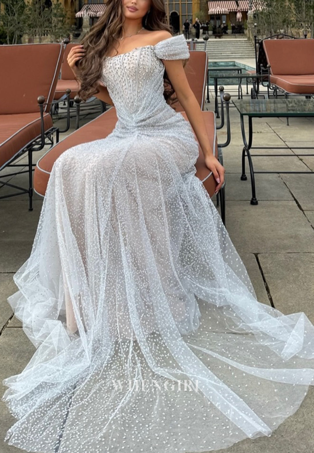 Off Shoulder Rhinestones Beading Pleated Sweep Train Sheath Formal Evening Dress