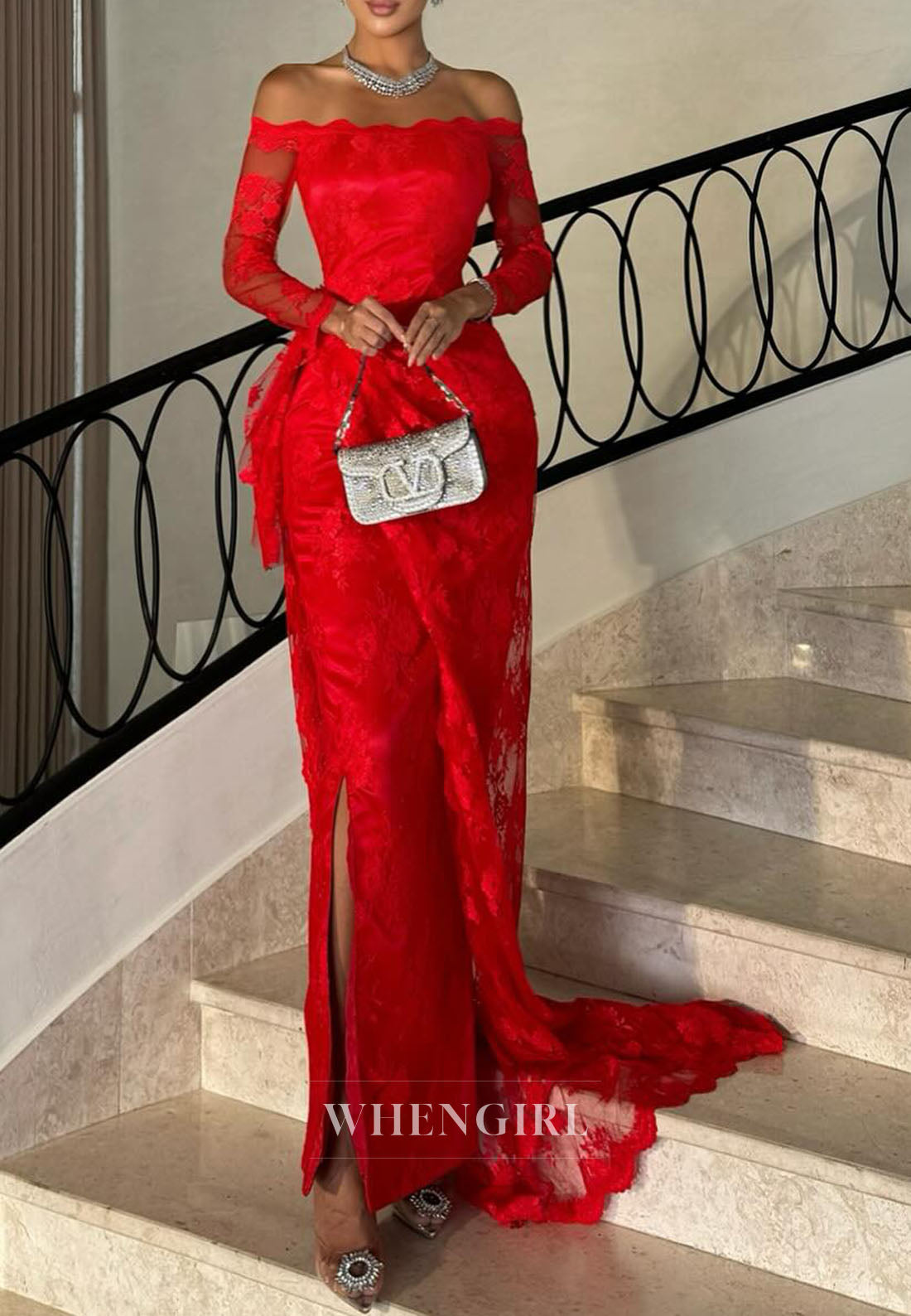 Sheath Red Lace Long Sleeves Off Shoulder Ruched Side Slit