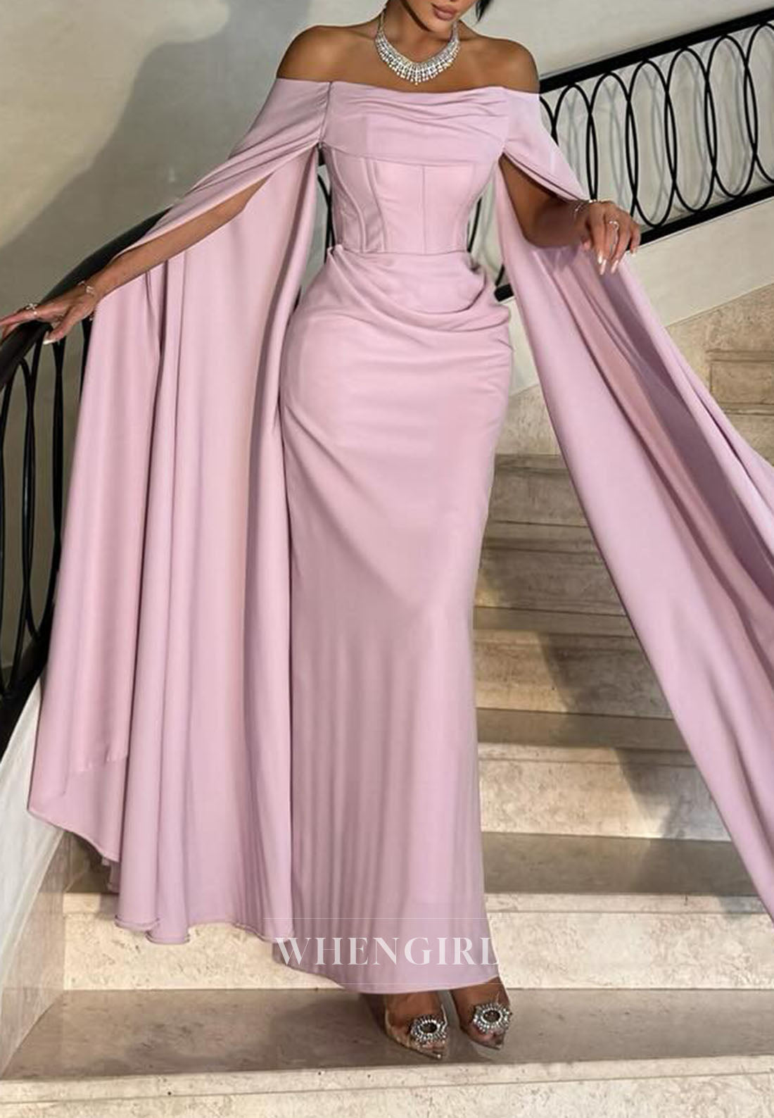 Pink Off Shoulder Ruched Column Ankle Length Evening Dress