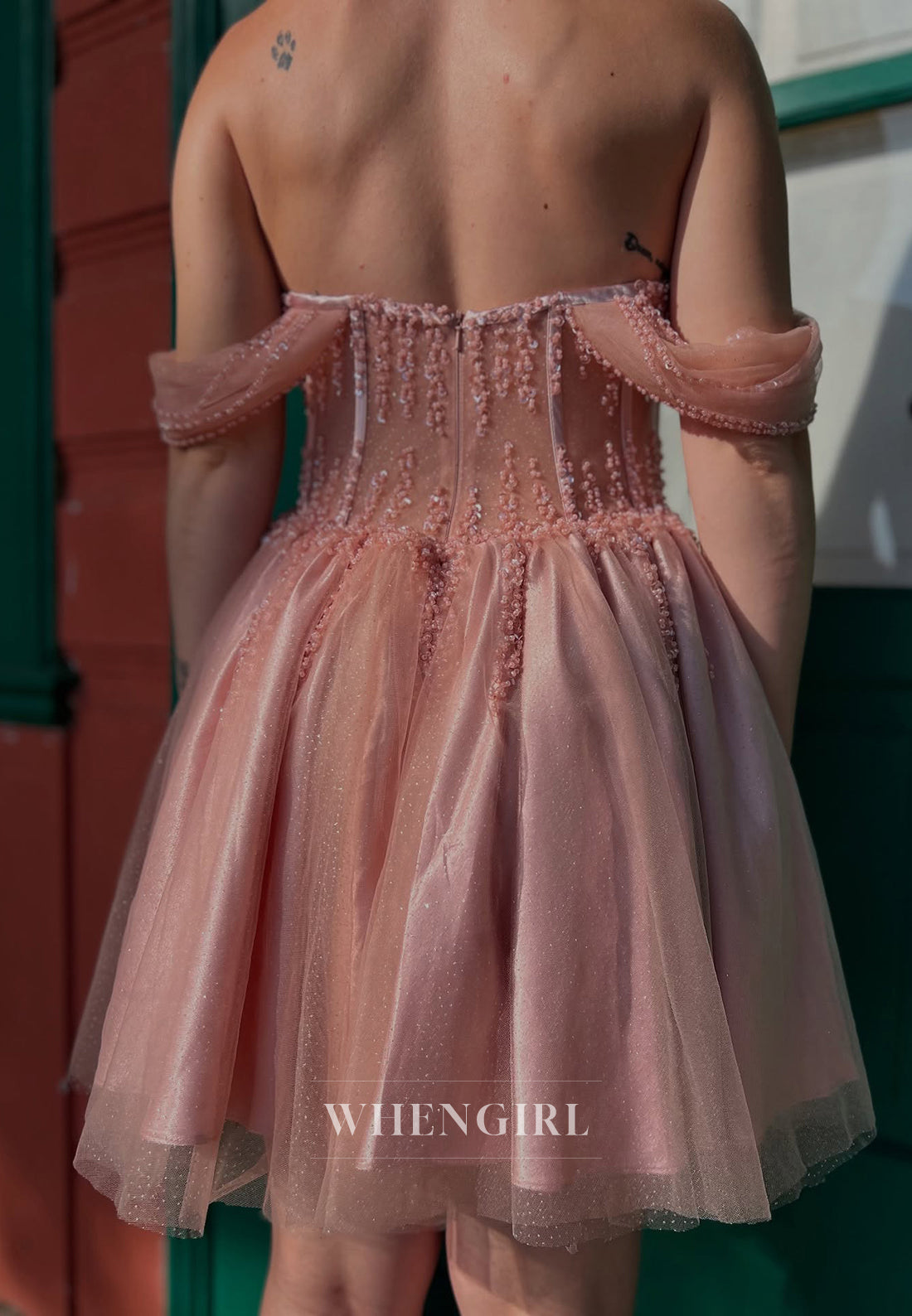 Dusty Pink A-line Beaded Off Shoulder Sleeveless Short Homecoming Dress