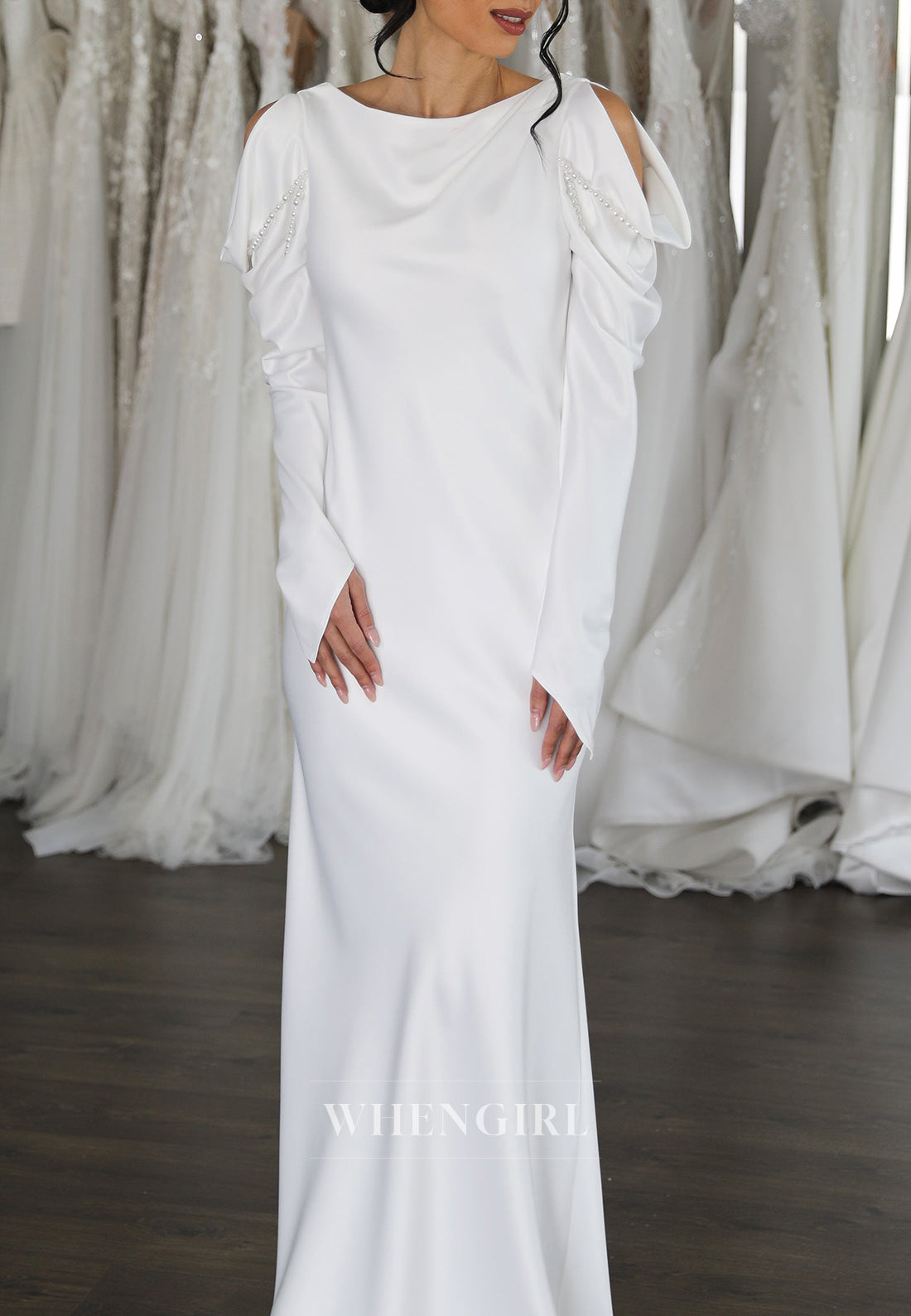 Simple Long Sleeves Bateau Neck V back Column Floor Length Wedding Dress
