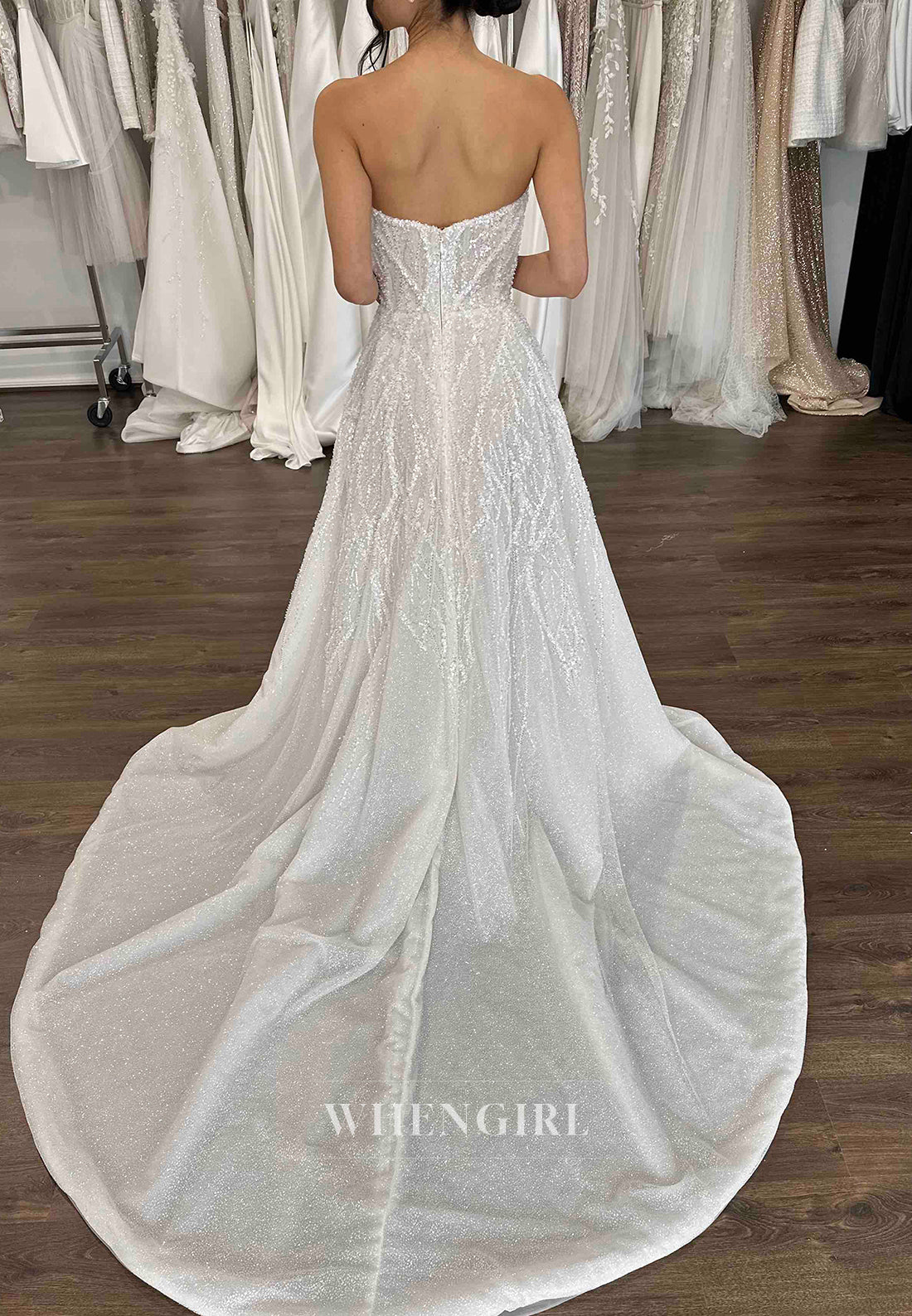 A-Line V Neck Strapless Sleeveless Side Slit Sequins Beading Court Train Wedding Dress