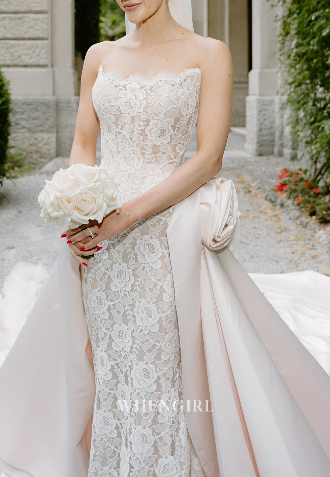 Sheath Appliqued Lace Sleeveless 3D Flower Ruched Chapel Train Wedding Gown