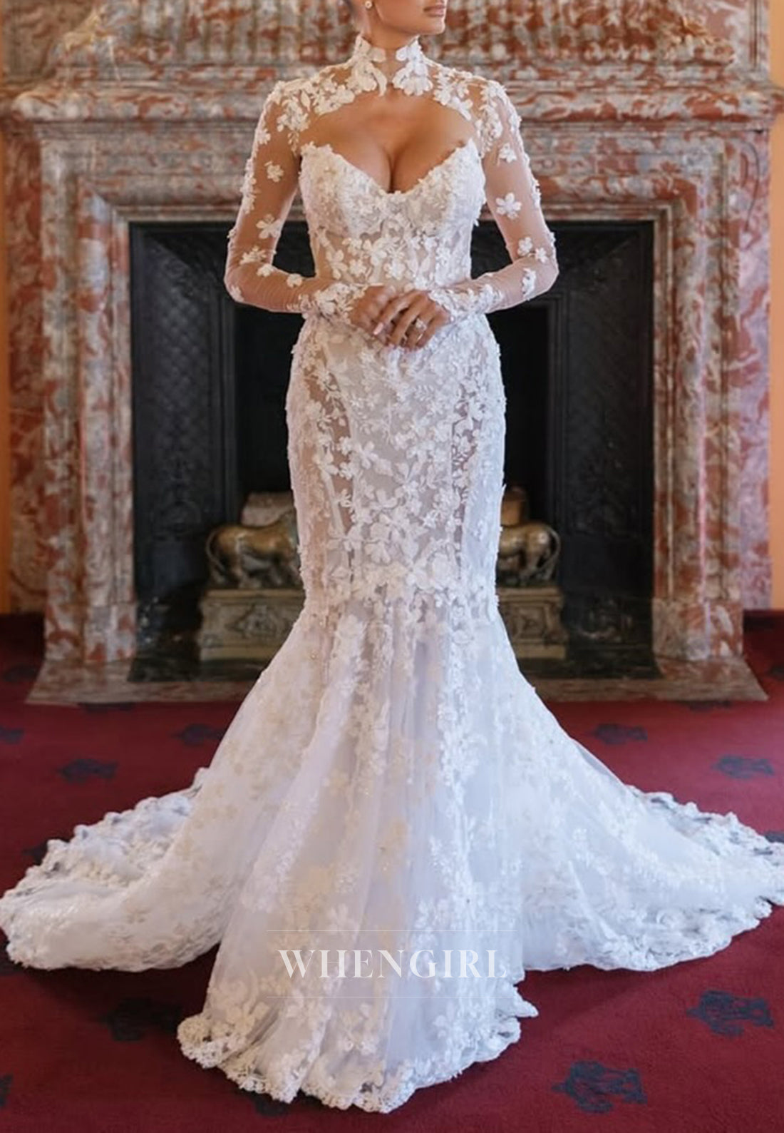 Mermaid Appliqued Lace High Neck Long Sleeves Back Zipper Court Train Wedding Dress