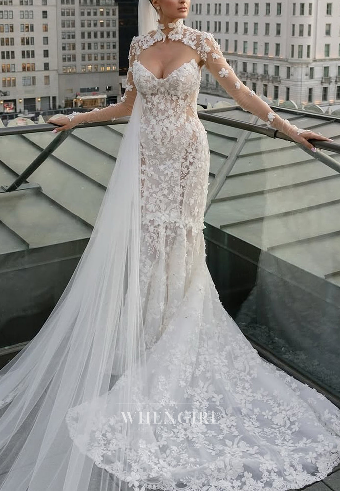 Mermaid Appliqued Lace High Neck Long Sleeves Back Zipper Court Train Wedding Dress