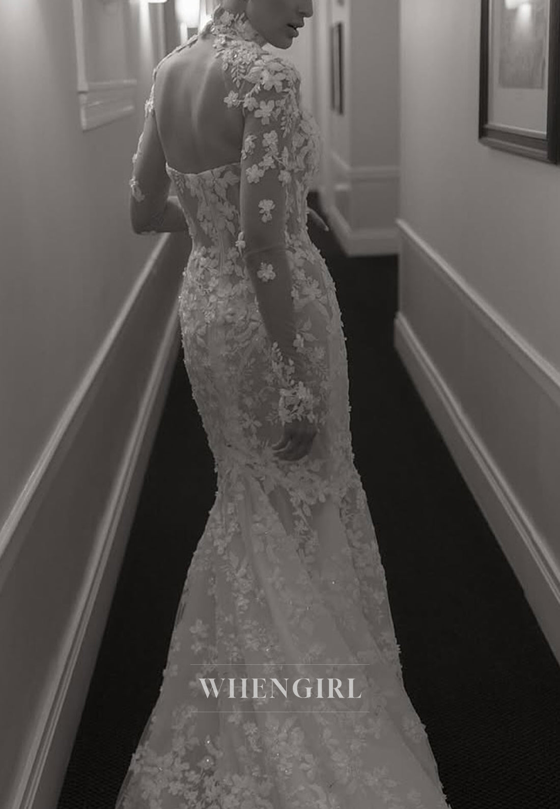 Mermaid Appliqued Lace High Neck Long Sleeves Back Zipper Court Train Wedding Dress