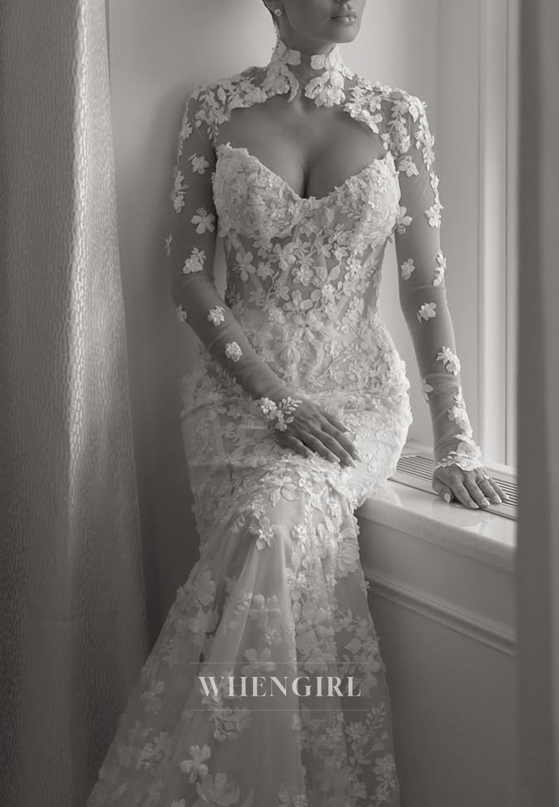 Mermaid Appliqued Lace High Neck Long Sleeves Back Zipper Court Train Wedding Dress
