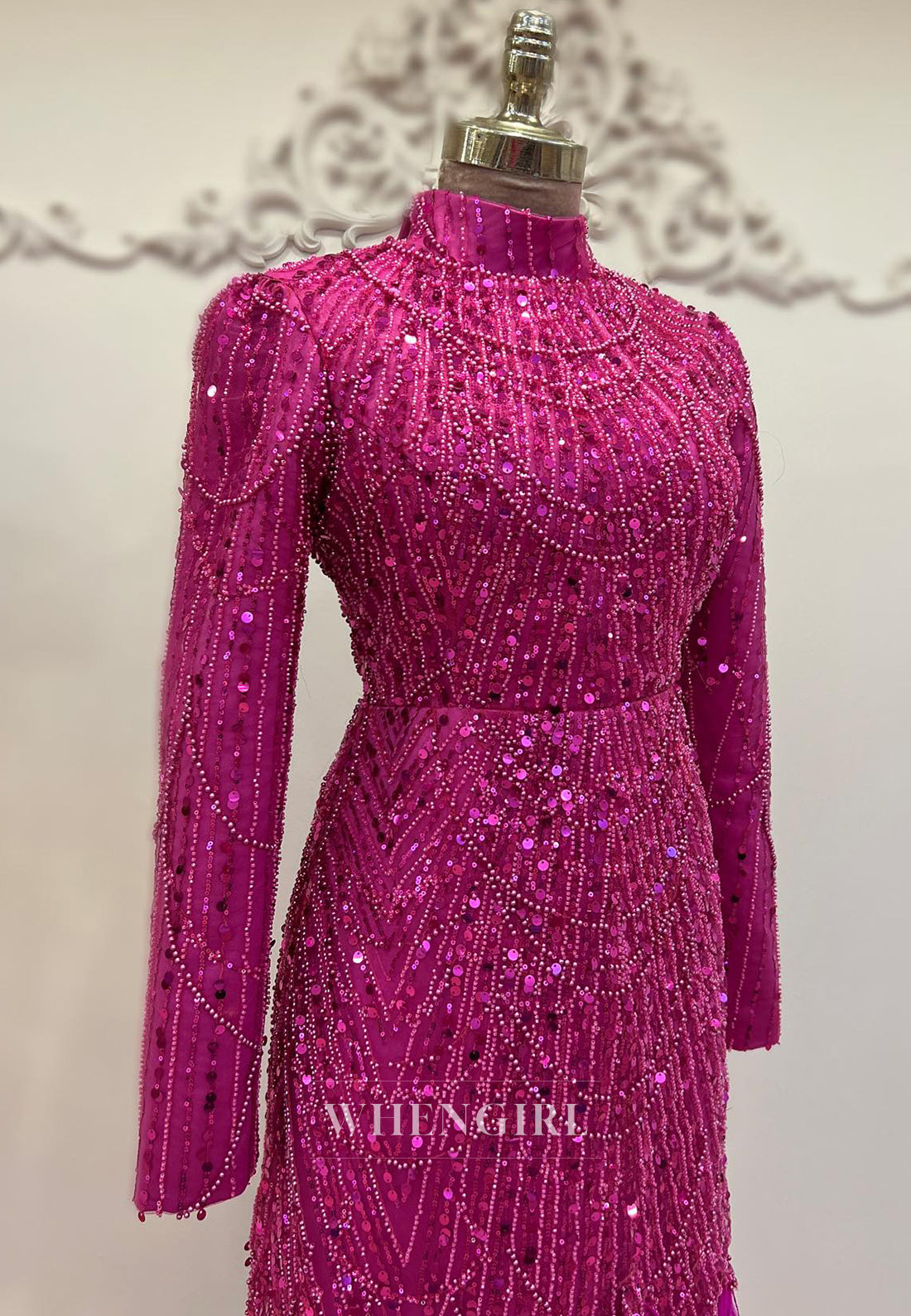 Orchid High Neck Long Sleeves Beaded Feather Sheath Long Evening Formal Dress