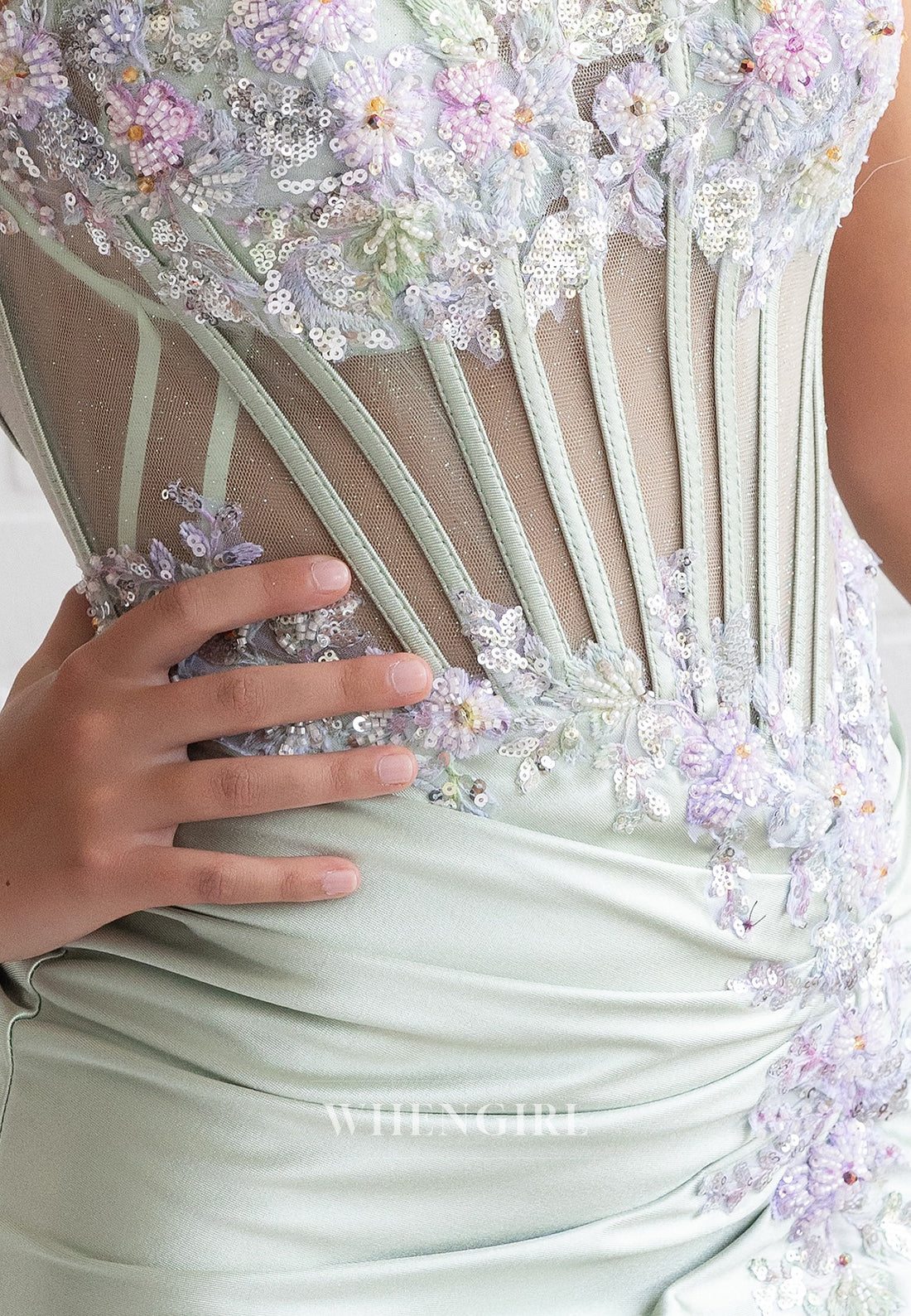 Mint Green Bateau Neck Sleevelss Floral Beade Side Slit Lace Up Sheath Short Homecoming Dress