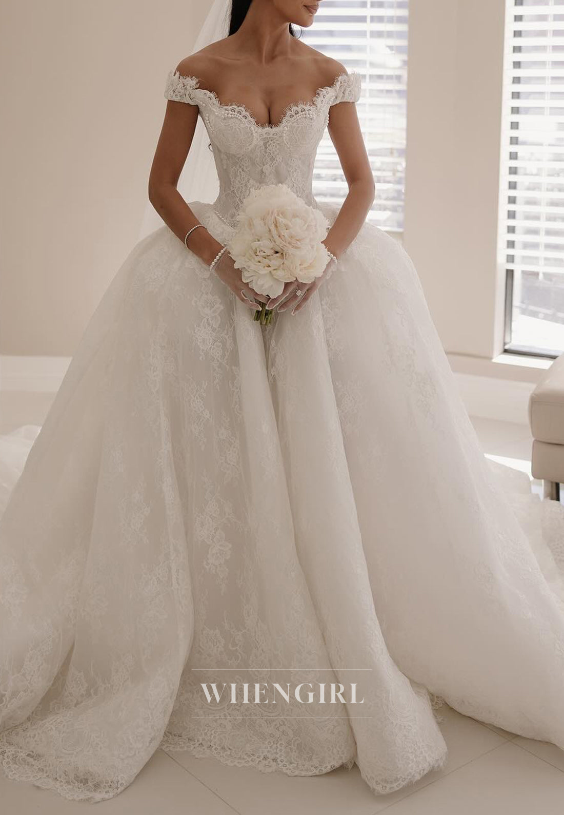 Scalloped Neck Off Shoulder Lace Court Train Sleeveless Ball Gown Wedding Dress