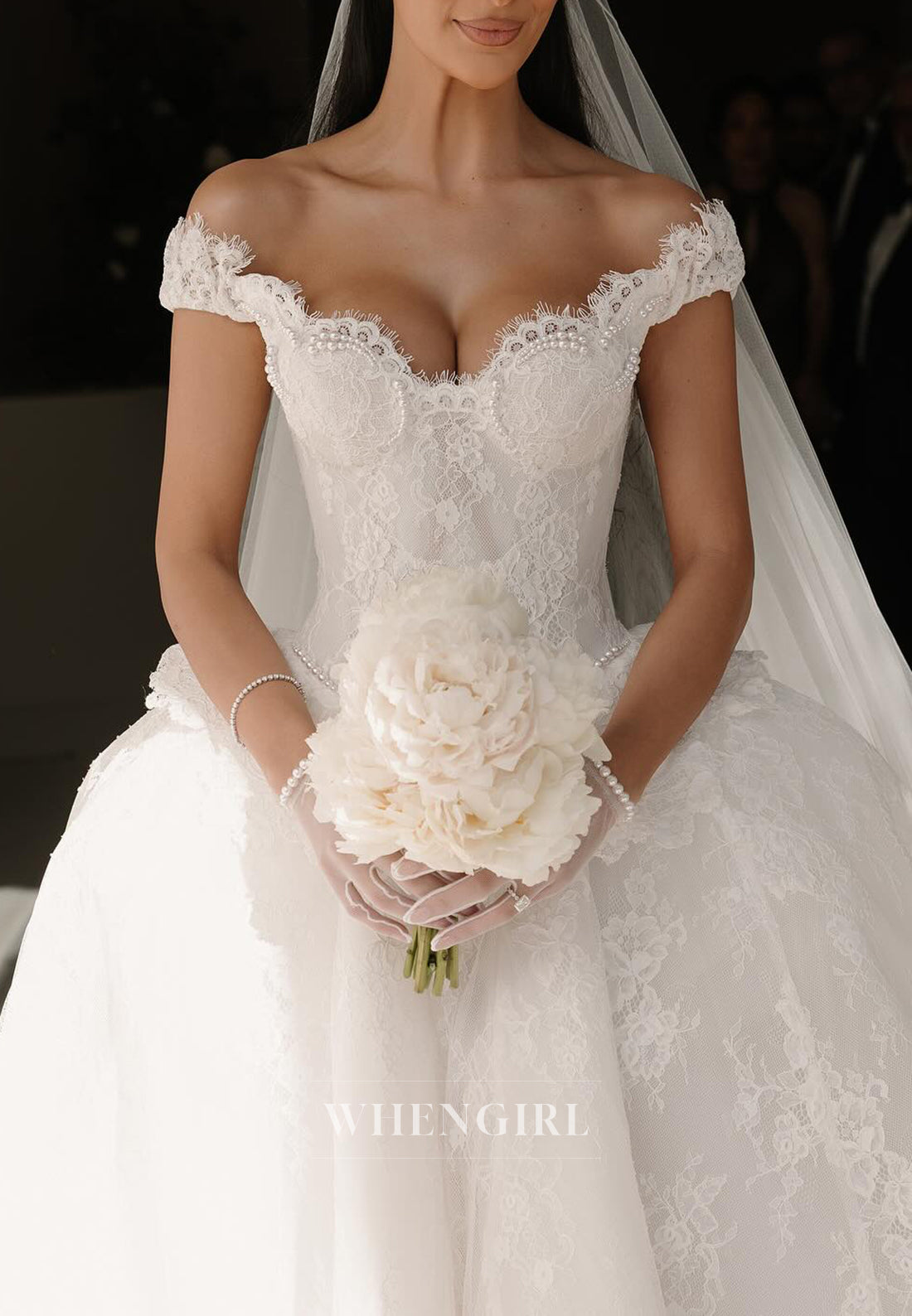 Scalloped Neck Off Shoulder Lace Court Train Sleeveless Ball Gown Wedding Dress