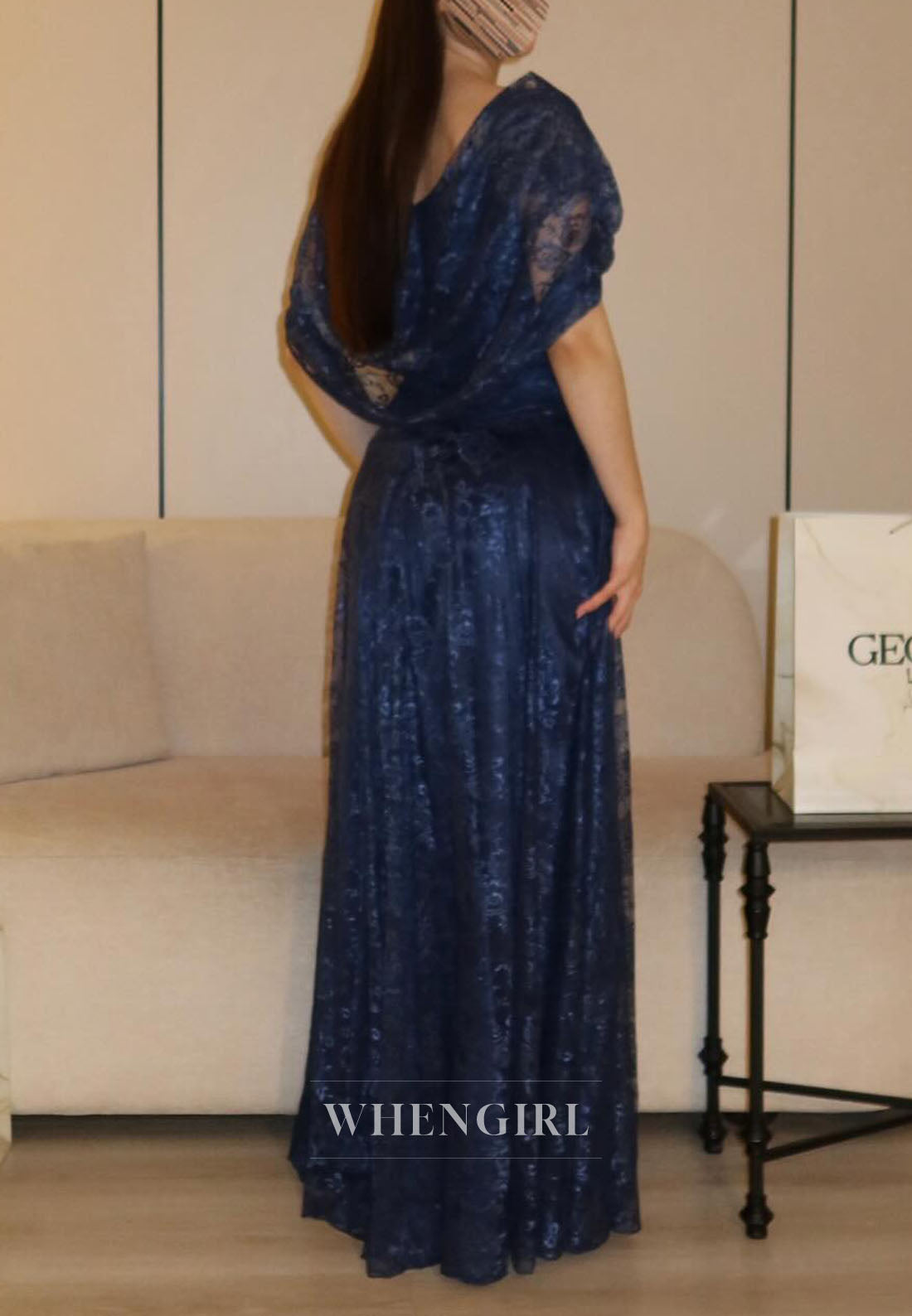 Navy Cape Sleeves Column Lace Formal Evening Dress